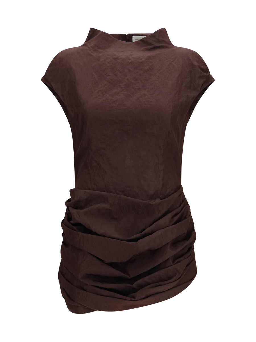Draped Mini Dress With High Collar Brown Cotton; Metal Fibers