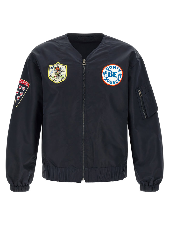 Badges Collarless bomber jacket Blue Nylon Down Jacket, Parka, Casual