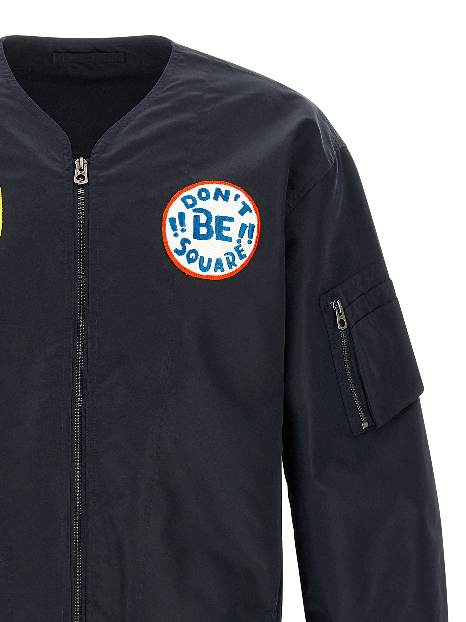 Badges Collarless bomber jacket Blue Nylon Down Jacket, Parka, Casual