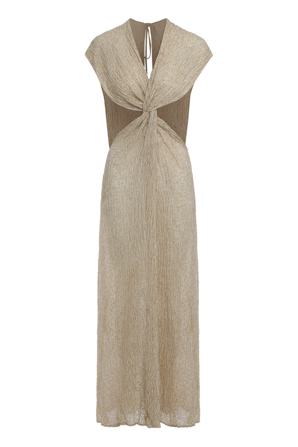 Long Dress Flowers Beige Linen