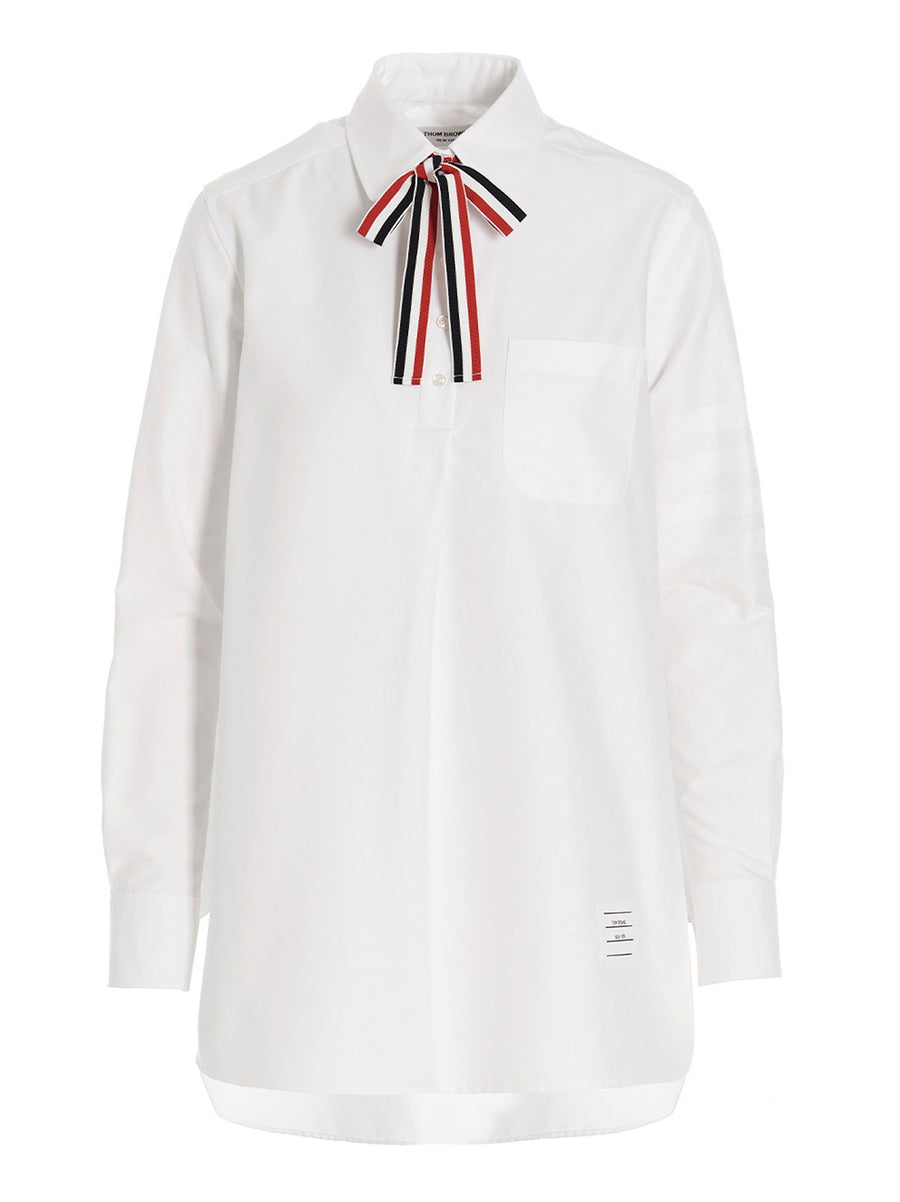 Thom Browne Logo Pussy Bow Blouse — White