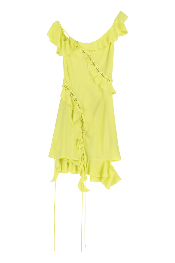 Green Frill Lace-Up Dress Polyester