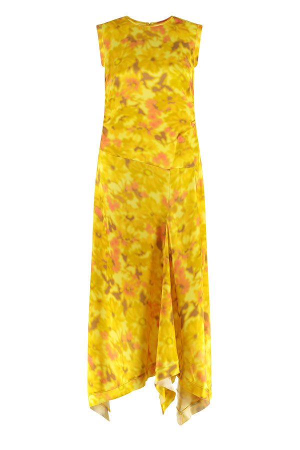 Yellow Asymmetric Printed Dress Acetate