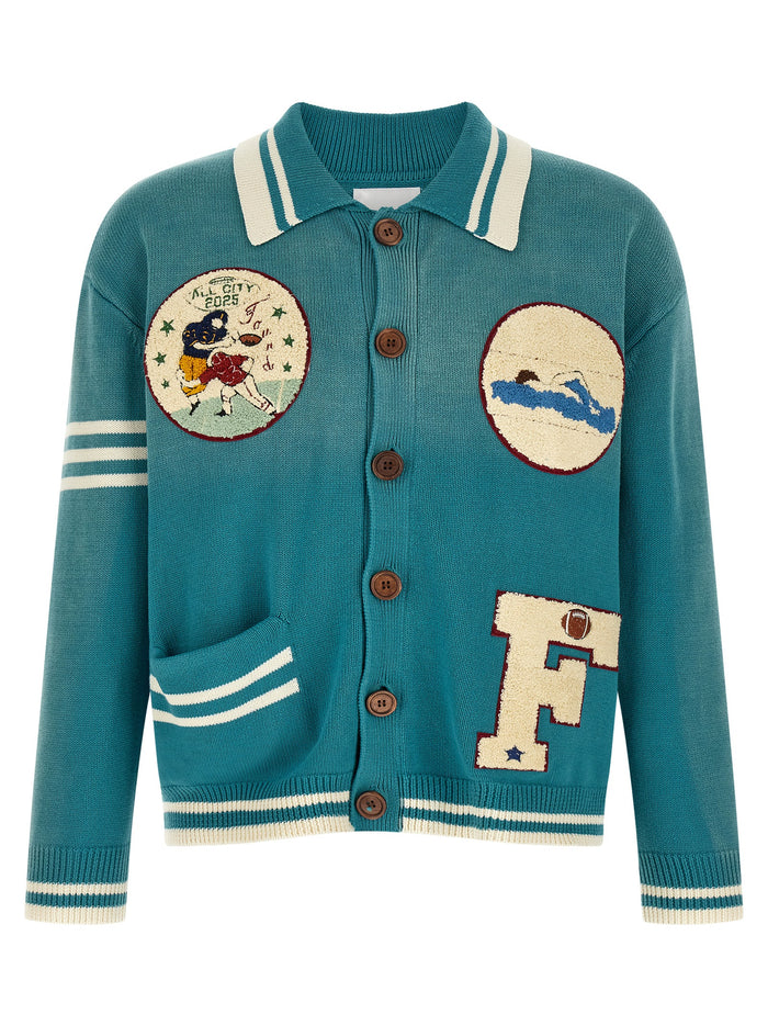 Fin Varsity Cardigan Blue Cotton Sweater, Cardigans