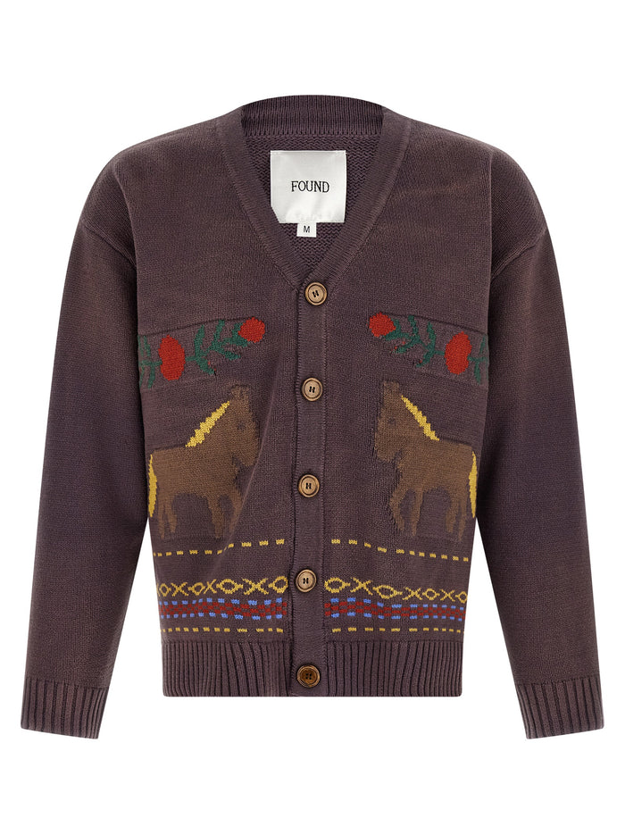 Horse Cardigan Brown Cotton Acrylic Sweater, Cardigans