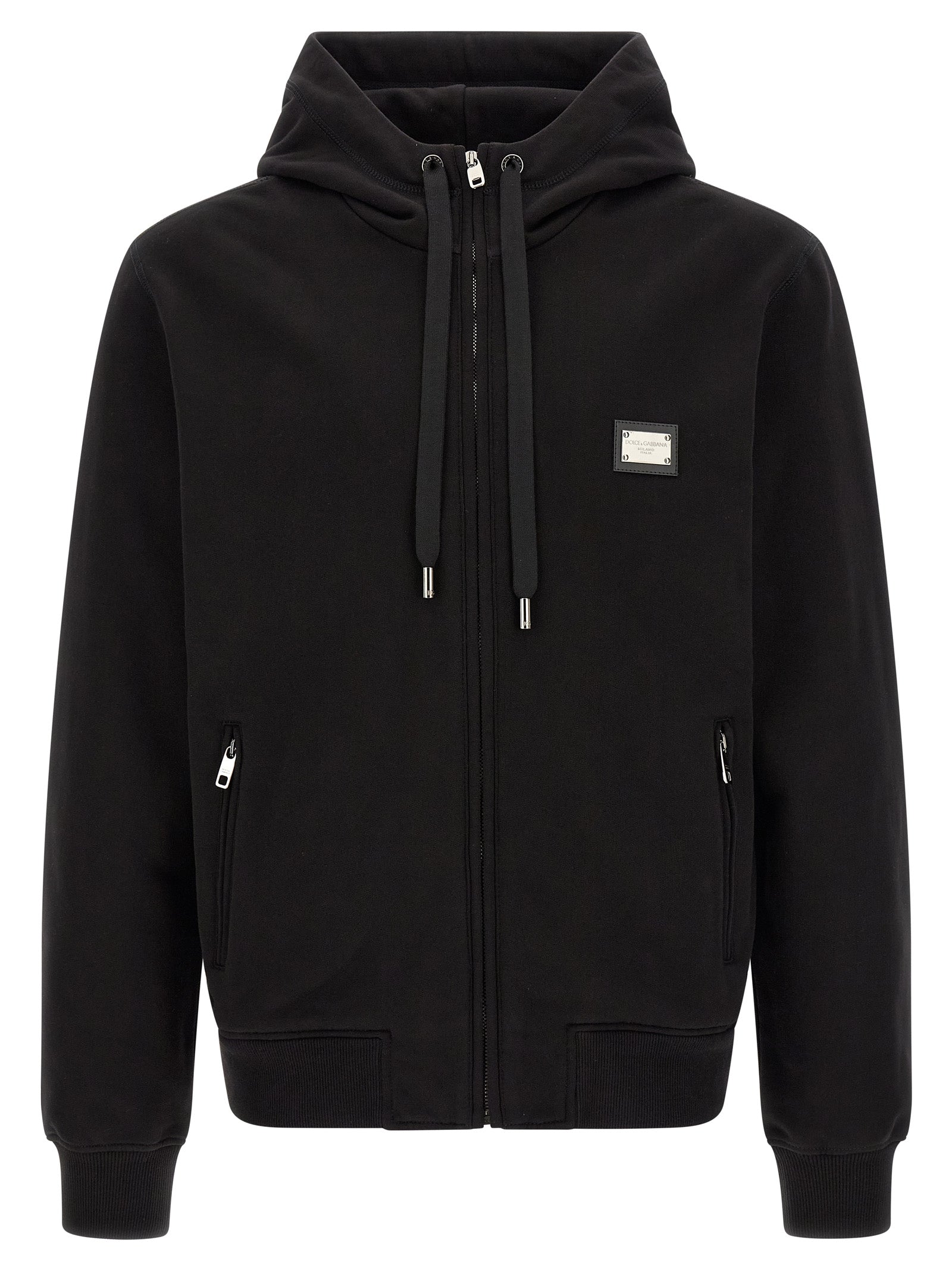 Logo Plaque Hoodie Black Cotton Sweatshirt