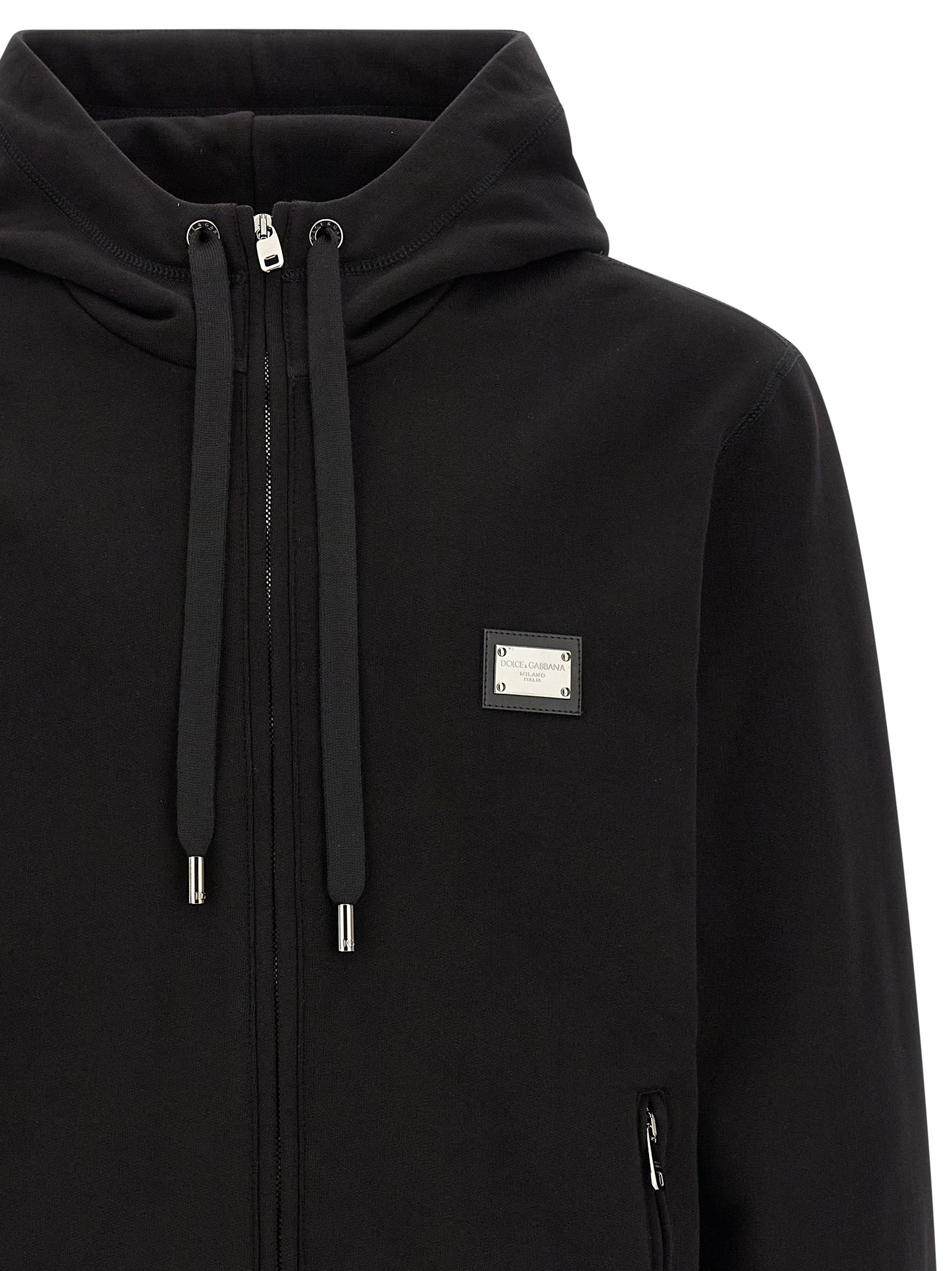 Logo Plaque Hoodie Black Cotton Sweatshirt