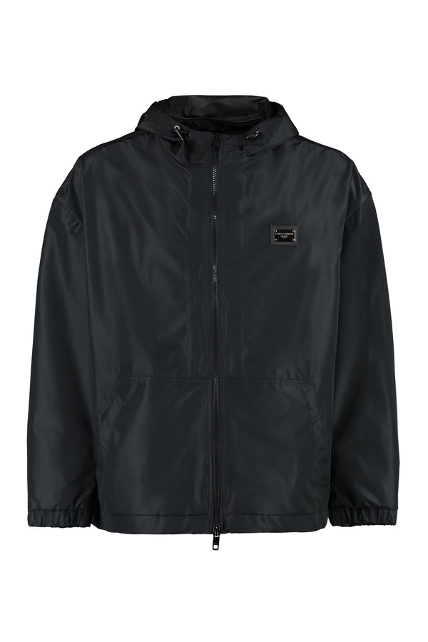 Technical Fabric Hooded Jacket Black Polyester Raincoats