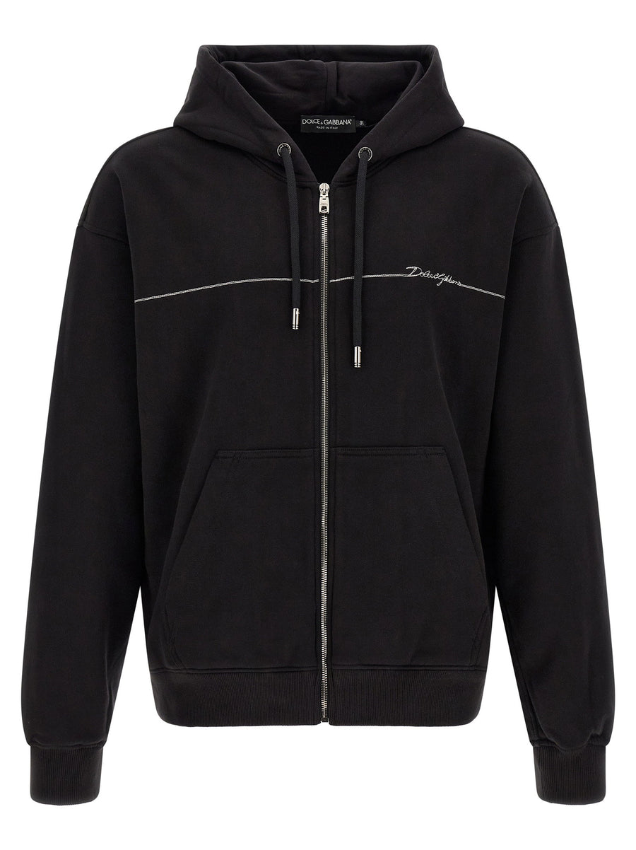 Dolce & Gabbana Logo-Embroidered Cotton Hoodie — Black