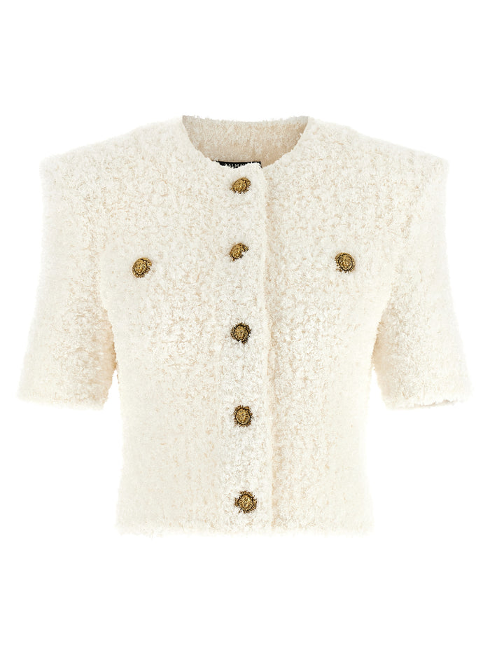Cardigan tweed plumetis White Polyamide Vi Cotton Polyester Sweater, Cardigans