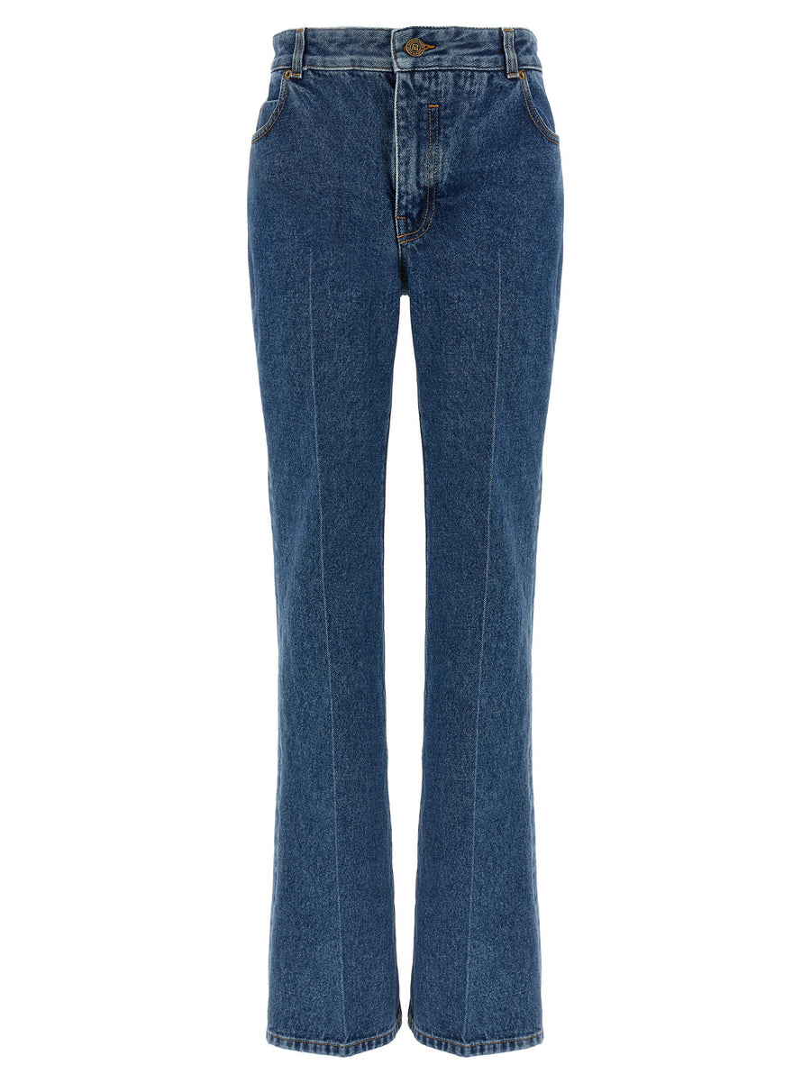 Balmain Embroidered High-Waist Jeans — Blue