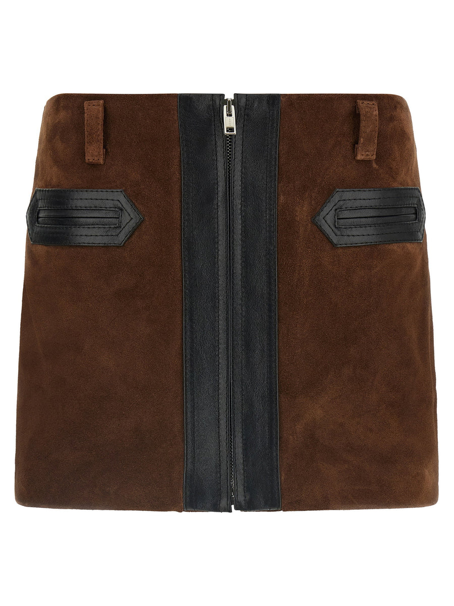 Marni Suede & Leather Contrast Skirt — Brown