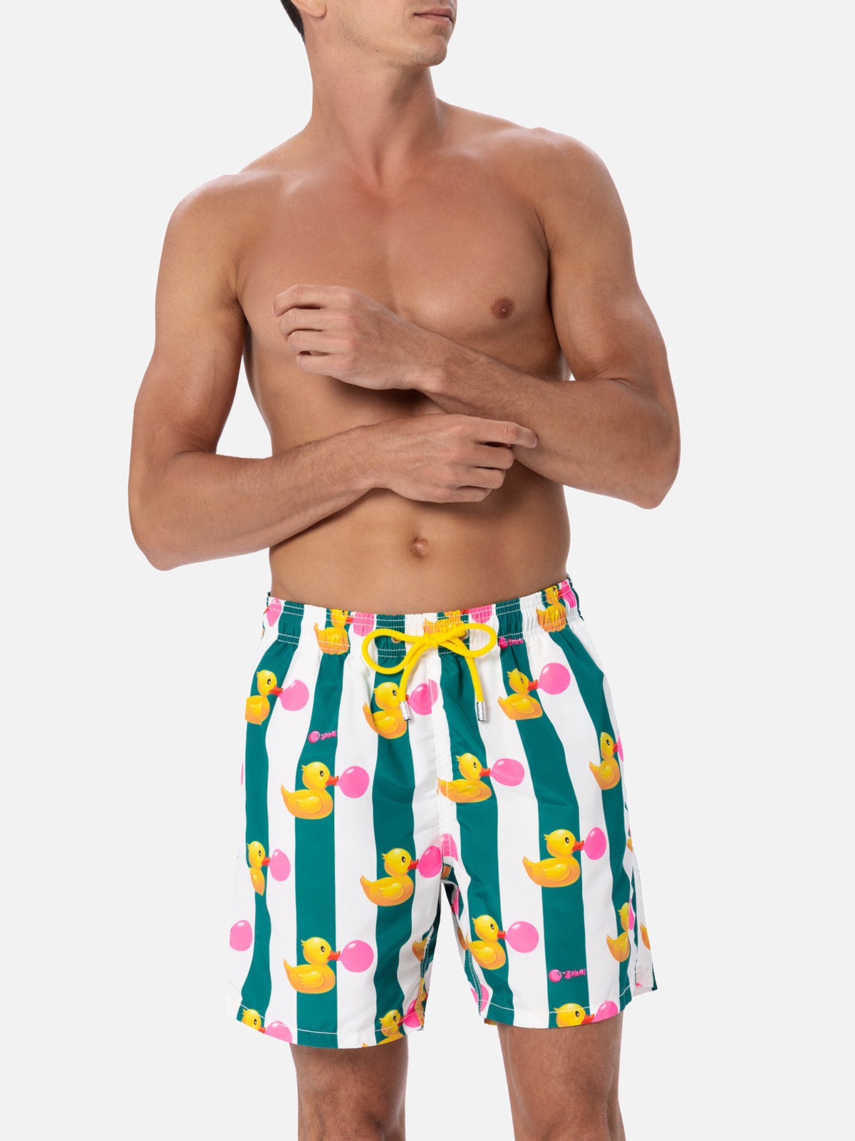 Man Mid-Length Gustavia Swim-Shorts With Ducky Big Babol Print | Special Edition Green Swimshort