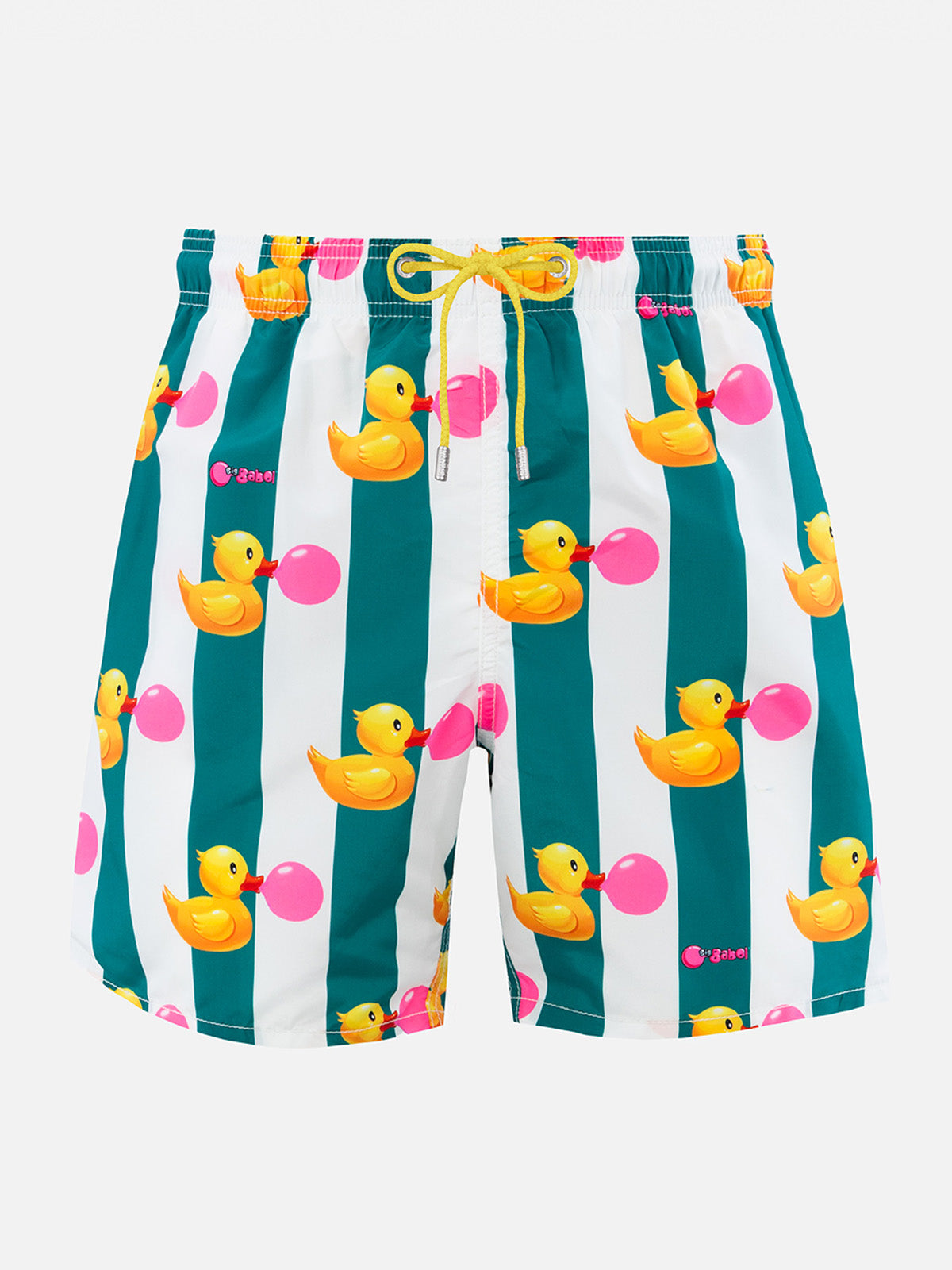 Man Mid-Length Gustavia Swim-Shorts With Ducky Big Babol Print | Special Edition Green Swimshort