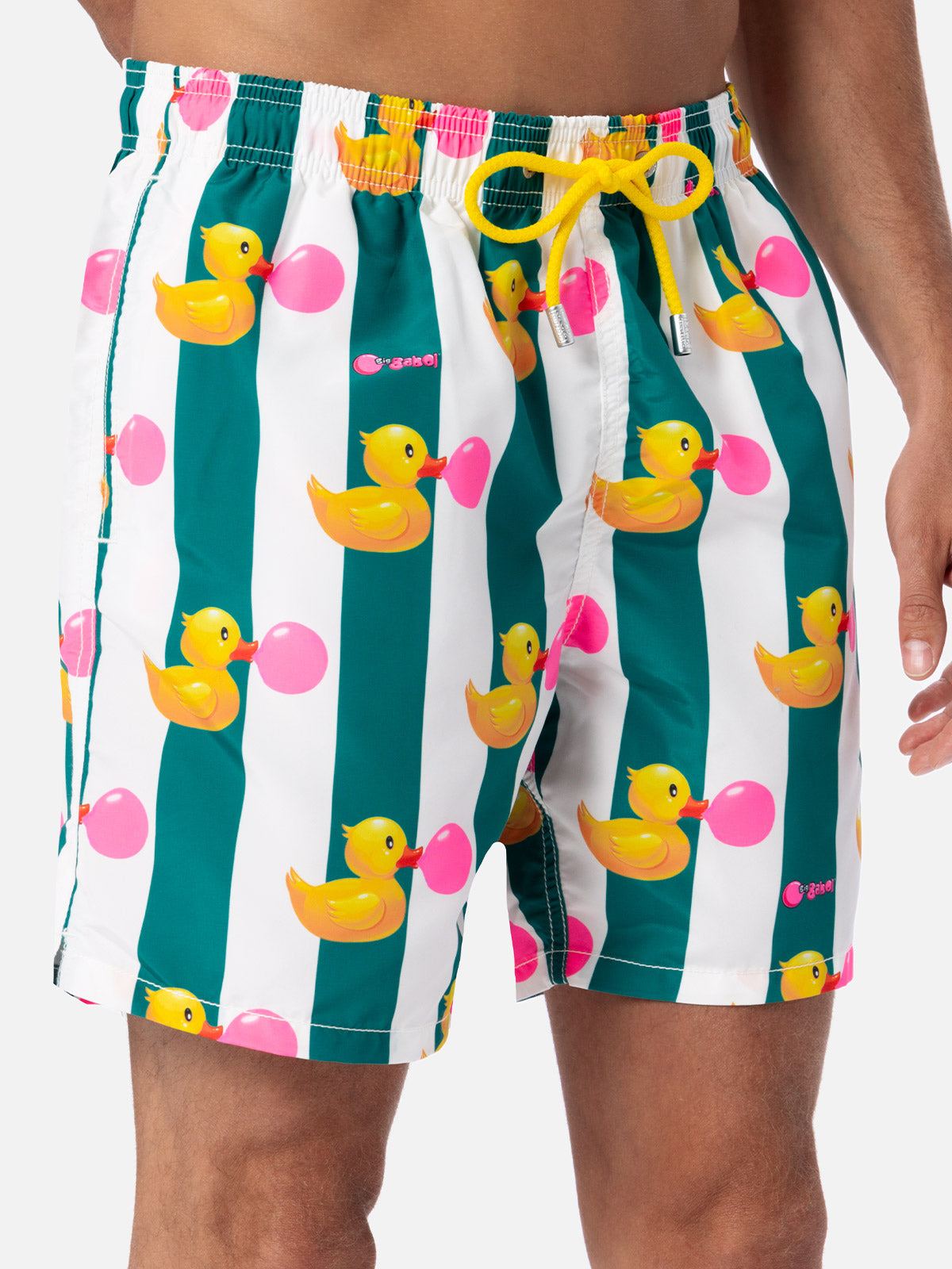 Man Mid-Length Gustavia Swim-Shorts With Ducky Big Babol Print | Special Edition Green Swimshort