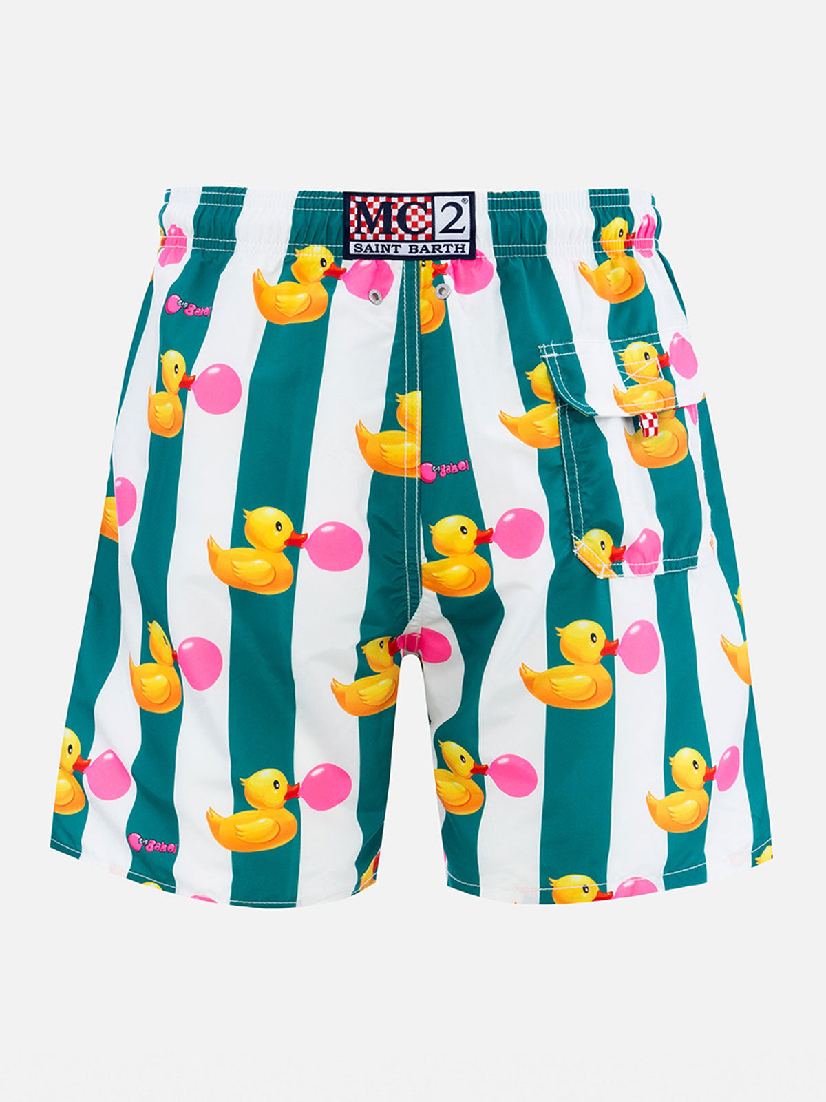 Man Mid-Length Gustavia Swim-Shorts With Ducky Big Babol Print | Special Edition Green Swimshort
