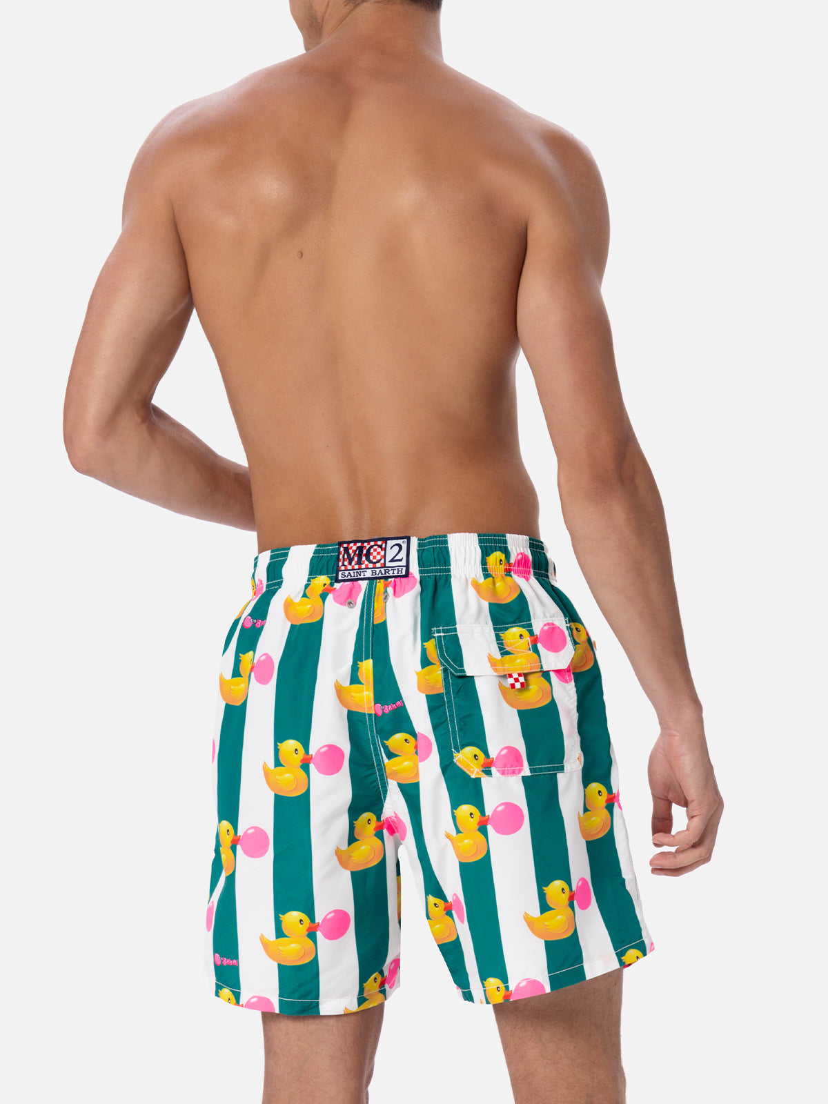 Man Mid-Length Gustavia Swim-Shorts With Ducky Big Babol Print | Special Edition Green Swimshort