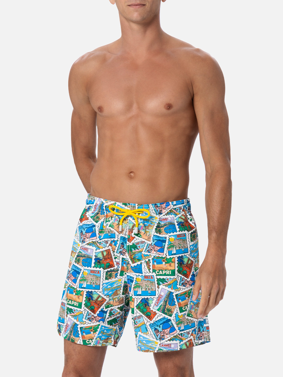 Man Mid-Length Gustavia Swim-Shorts With Postcard Mix Print | Alessandro Enriquez Special Edition White Swimshort