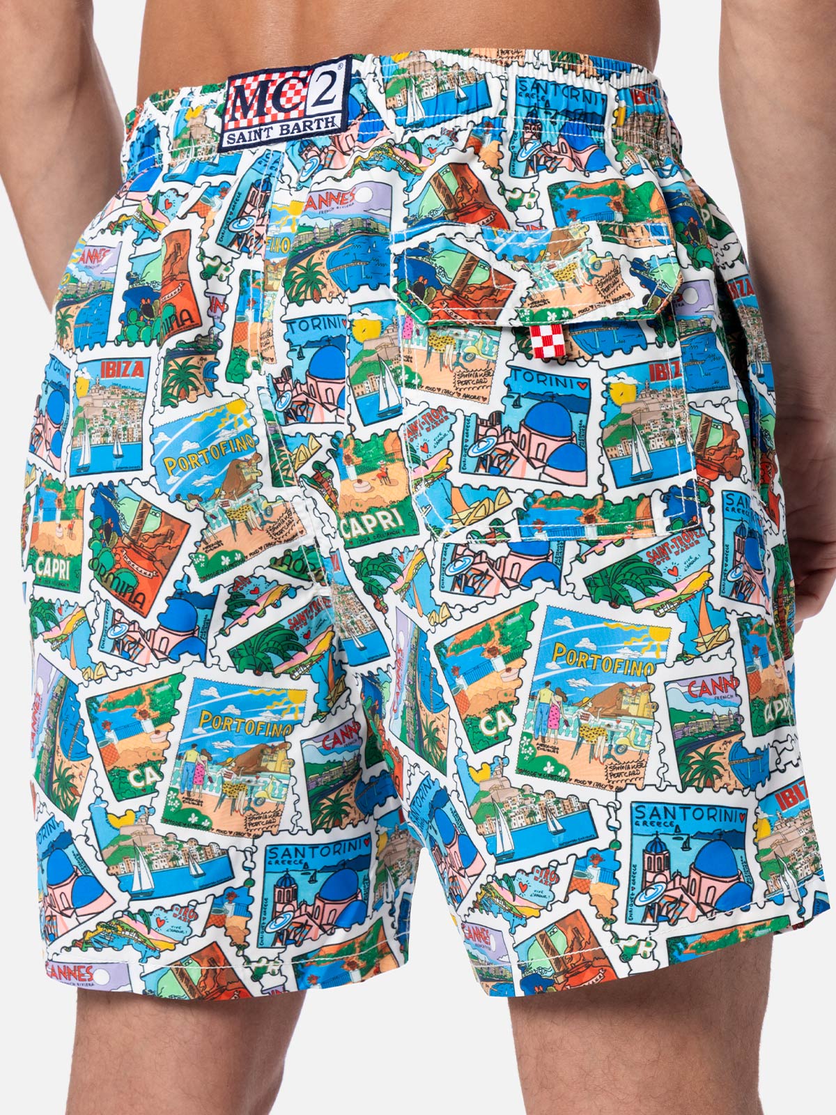 Man Mid-Length Gustavia Swim-Shorts With Postcard Mix Print | Alessandro Enriquez Special Edition White Swimshort
