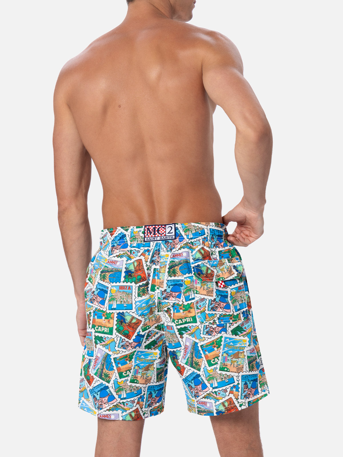 Man Mid-Length Gustavia Swim-Shorts With Postcard Mix Print | Alessandro Enriquez Special Edition White Swimshort