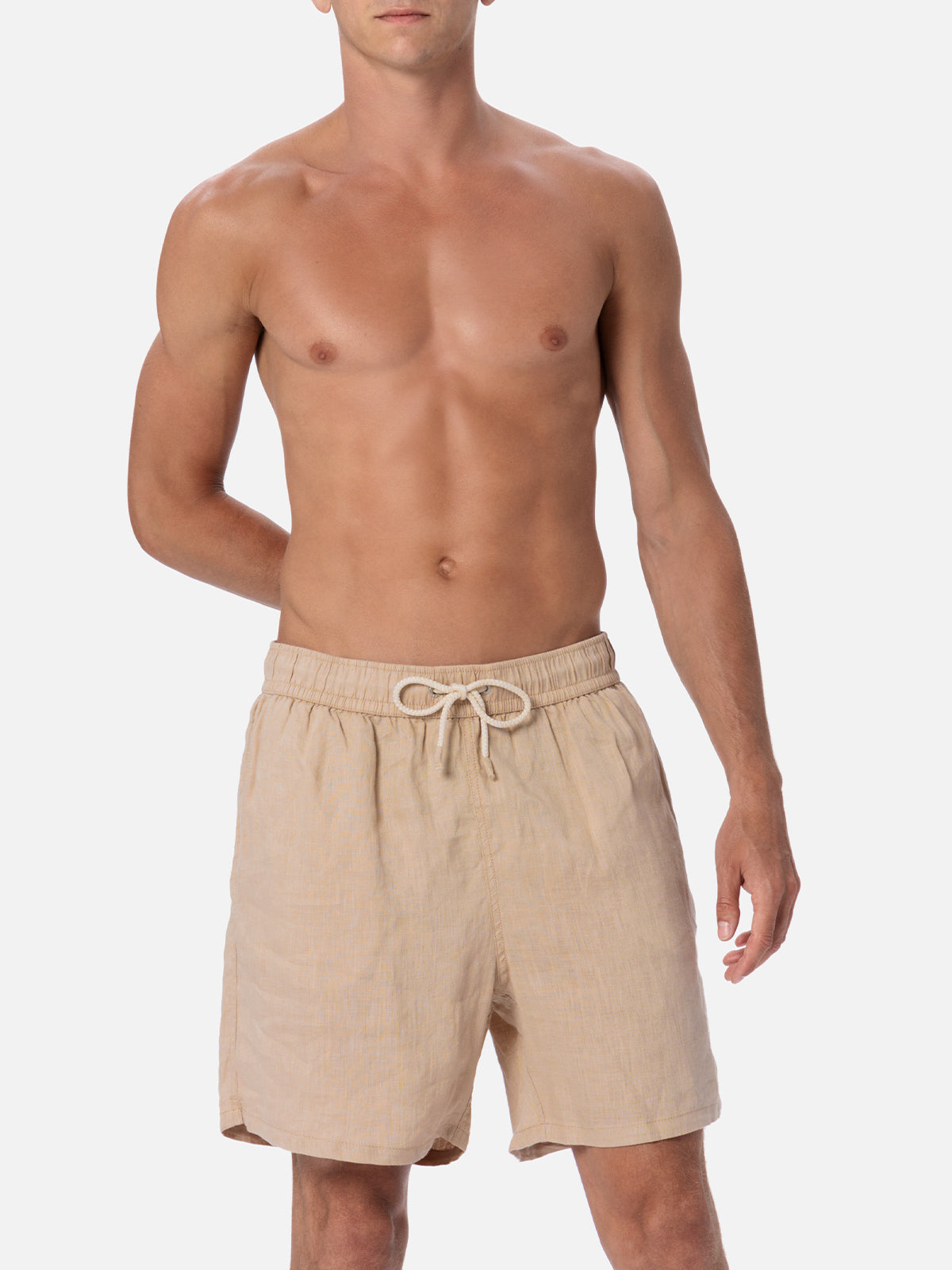 Man Mid-Length Beige Linen Swim-Shorts Gustavia White Swimshort