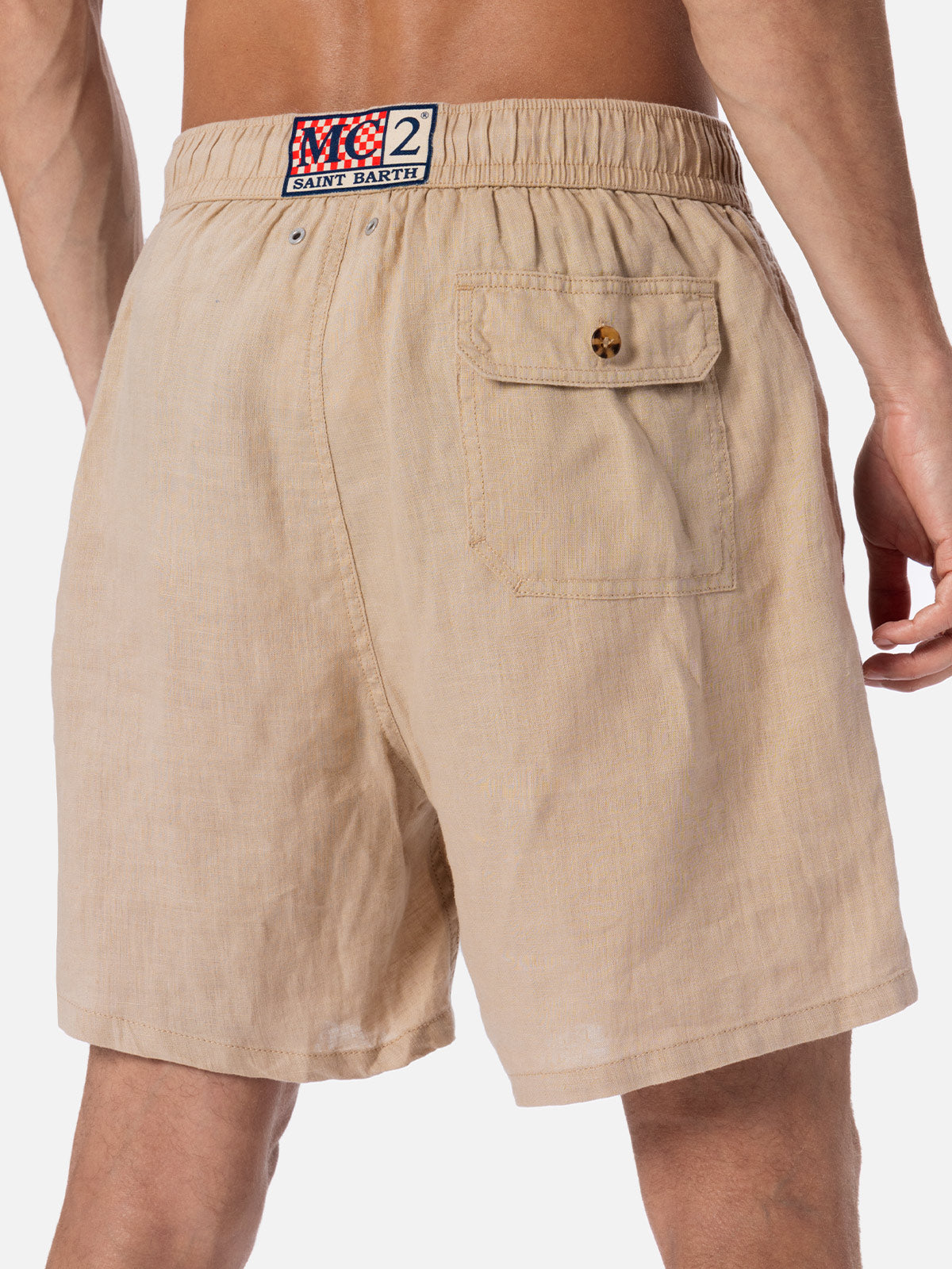 Mid-Length Beige Linen Swim-Shorts Gustavia Brown Swimshort
