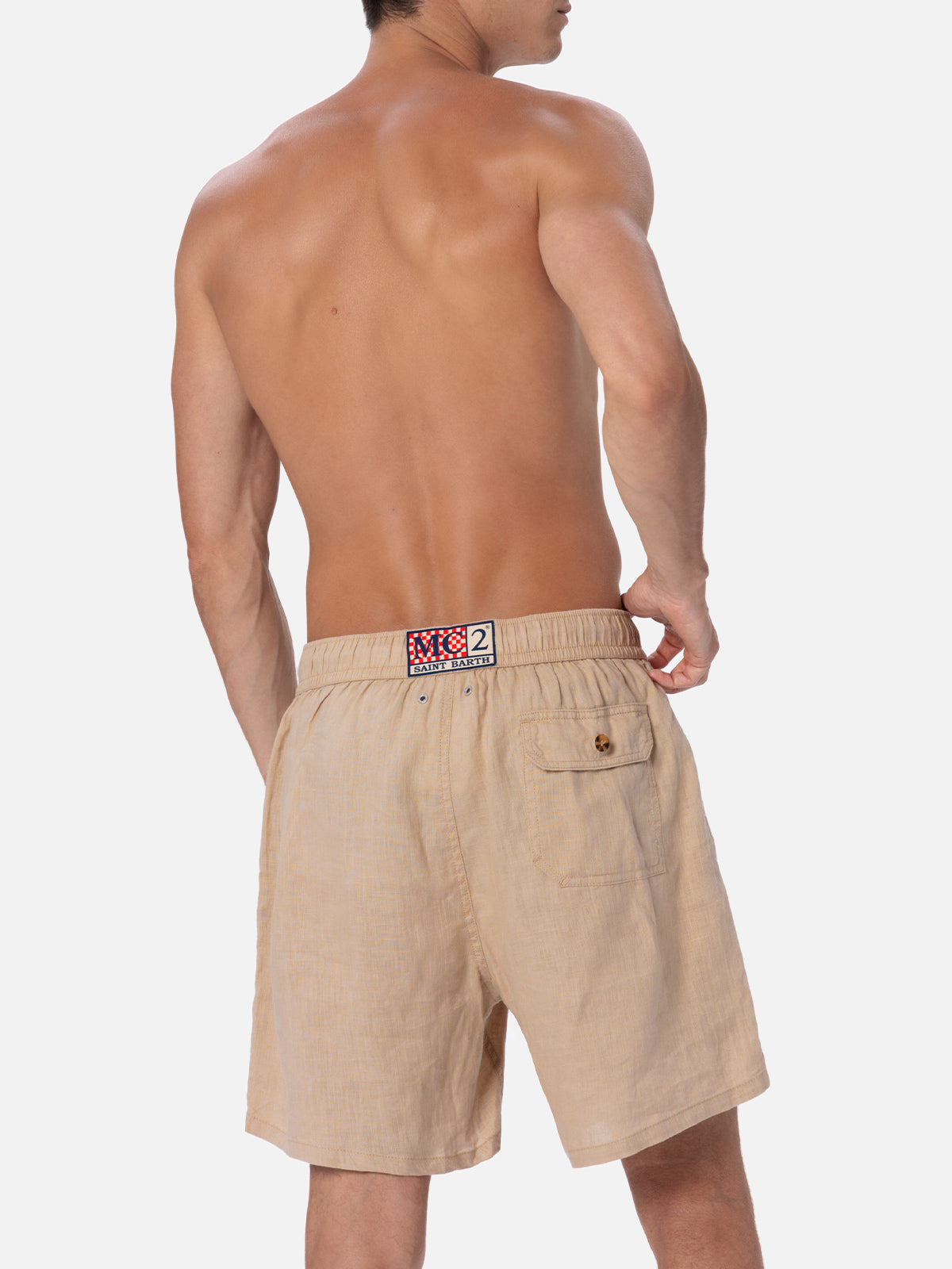 Man Mid-Length Beige Linen Swim-Shorts Gustavia White Swimshort