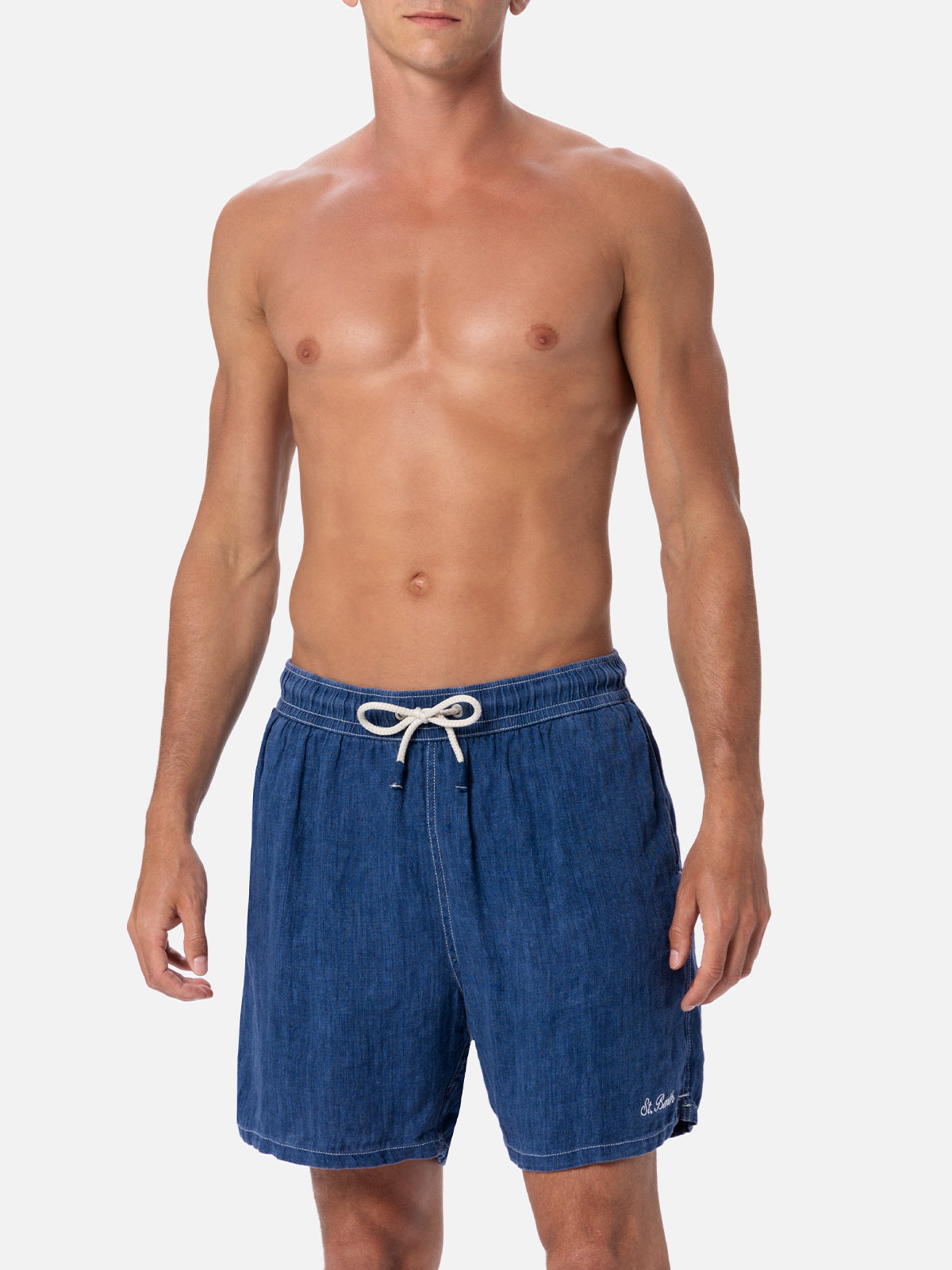 Man Mid-Length Denim Blue Linen Swim-Shorts Gustavia Swimshort