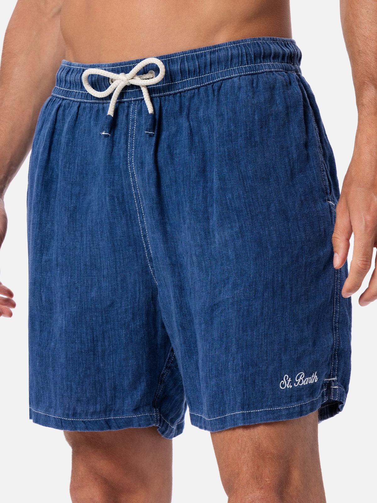 Man Mid-Length Denim Blue Linen Swim-Shorts Gustavia Swimshort