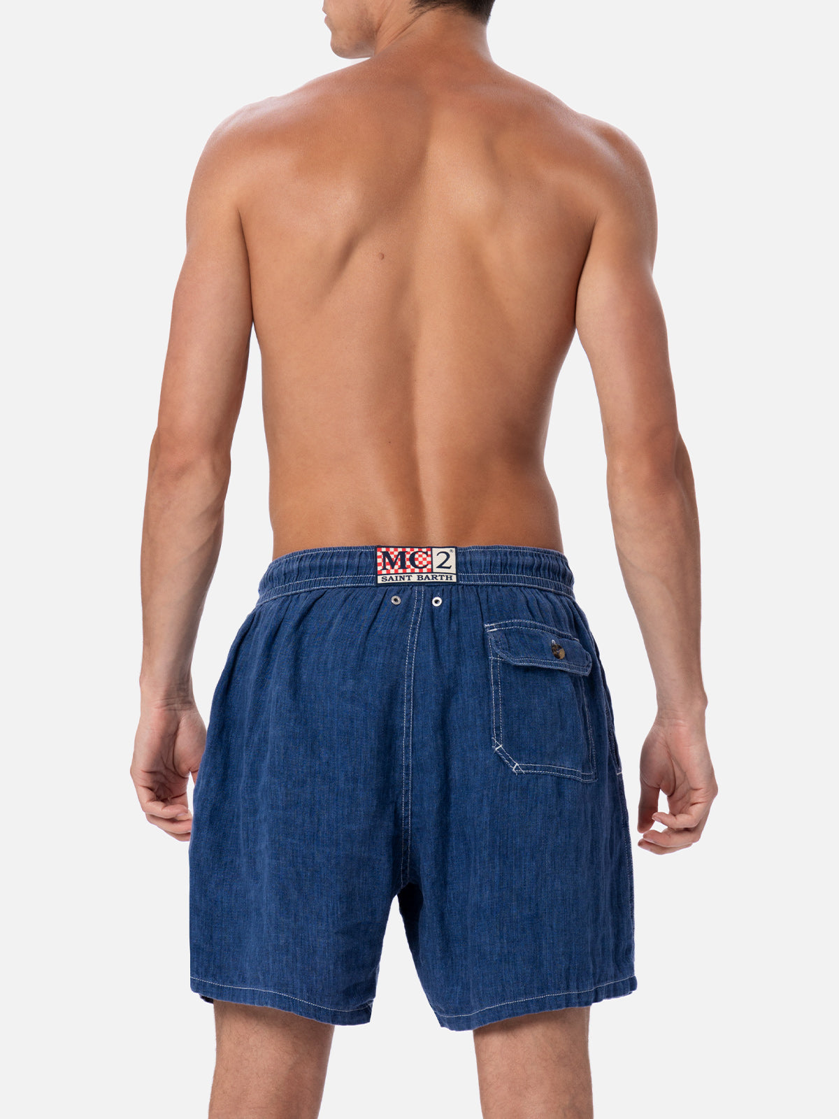 Man Mid-Length Denim Blue Linen Swim-Shorts Gustavia Swimshort