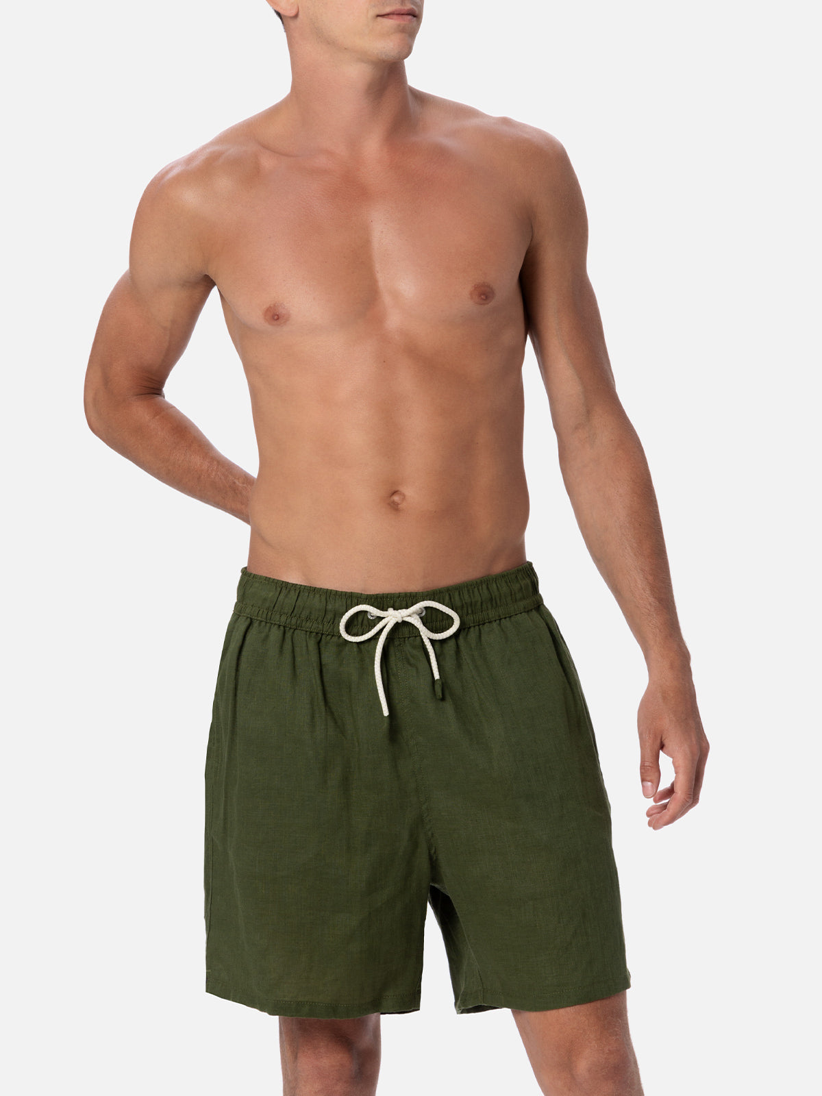 Man Mid-Length Military Green Linen Swim-Shorts Gustavia Swimshort