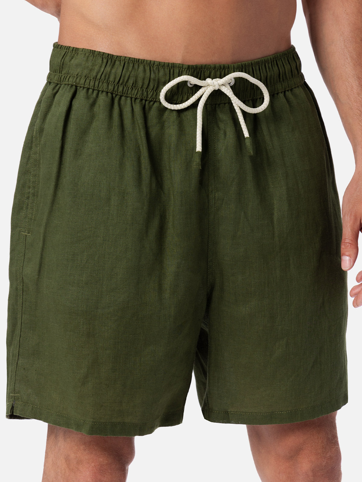 Mid-Length Military Green Linen Swim-Shorts Gustavia Swimshort