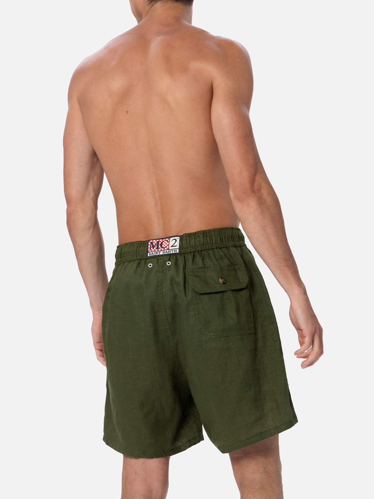 Man Mid-Length Military Green Linen Swim-Shorts Gustavia Swimshort