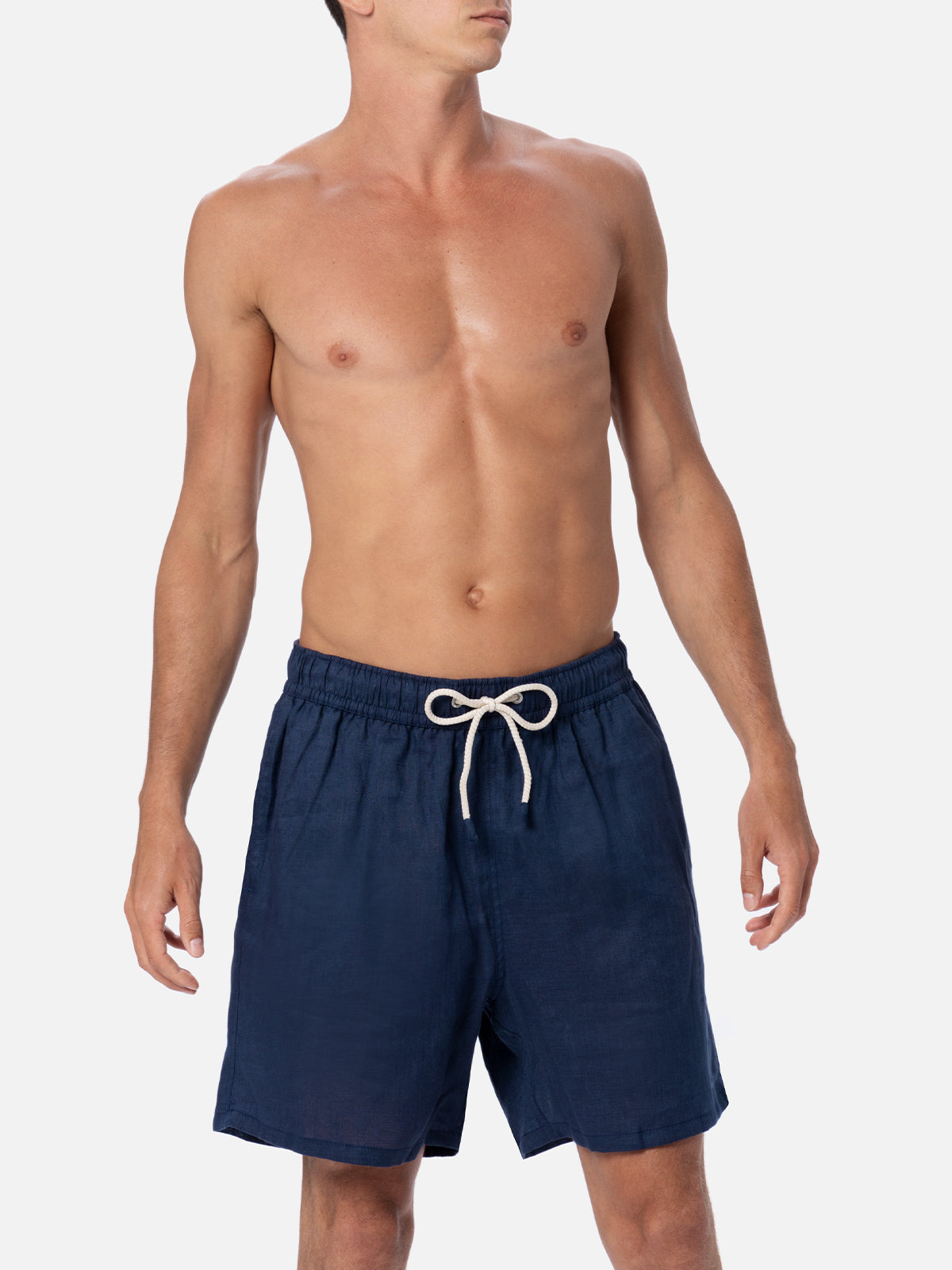 Mid-Length Navy Blue Linen Swim-Shorts Gustavia Swimshort