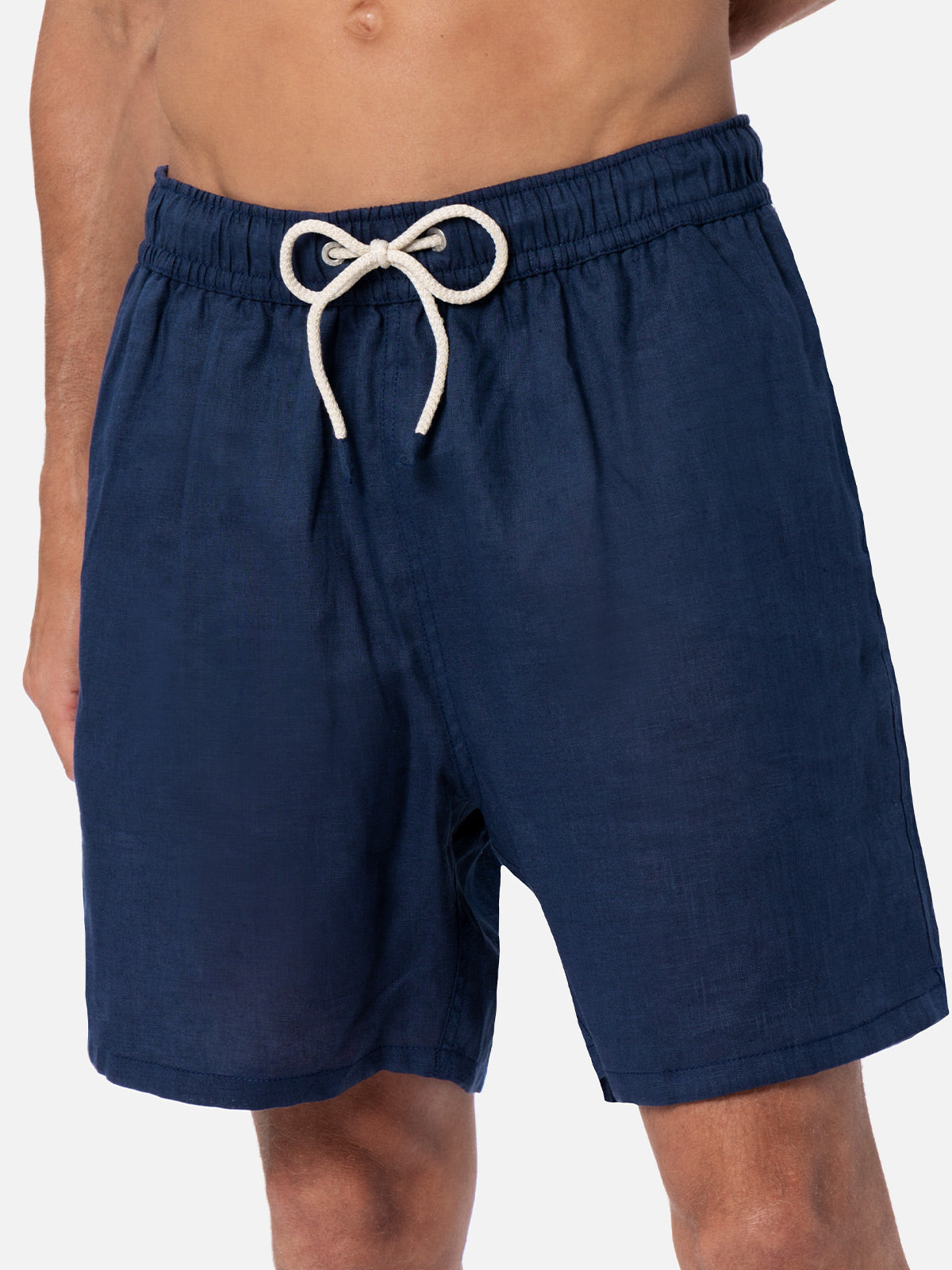 Mid-Length Navy Blue Linen Swim-Shorts Gustavia Swimshort