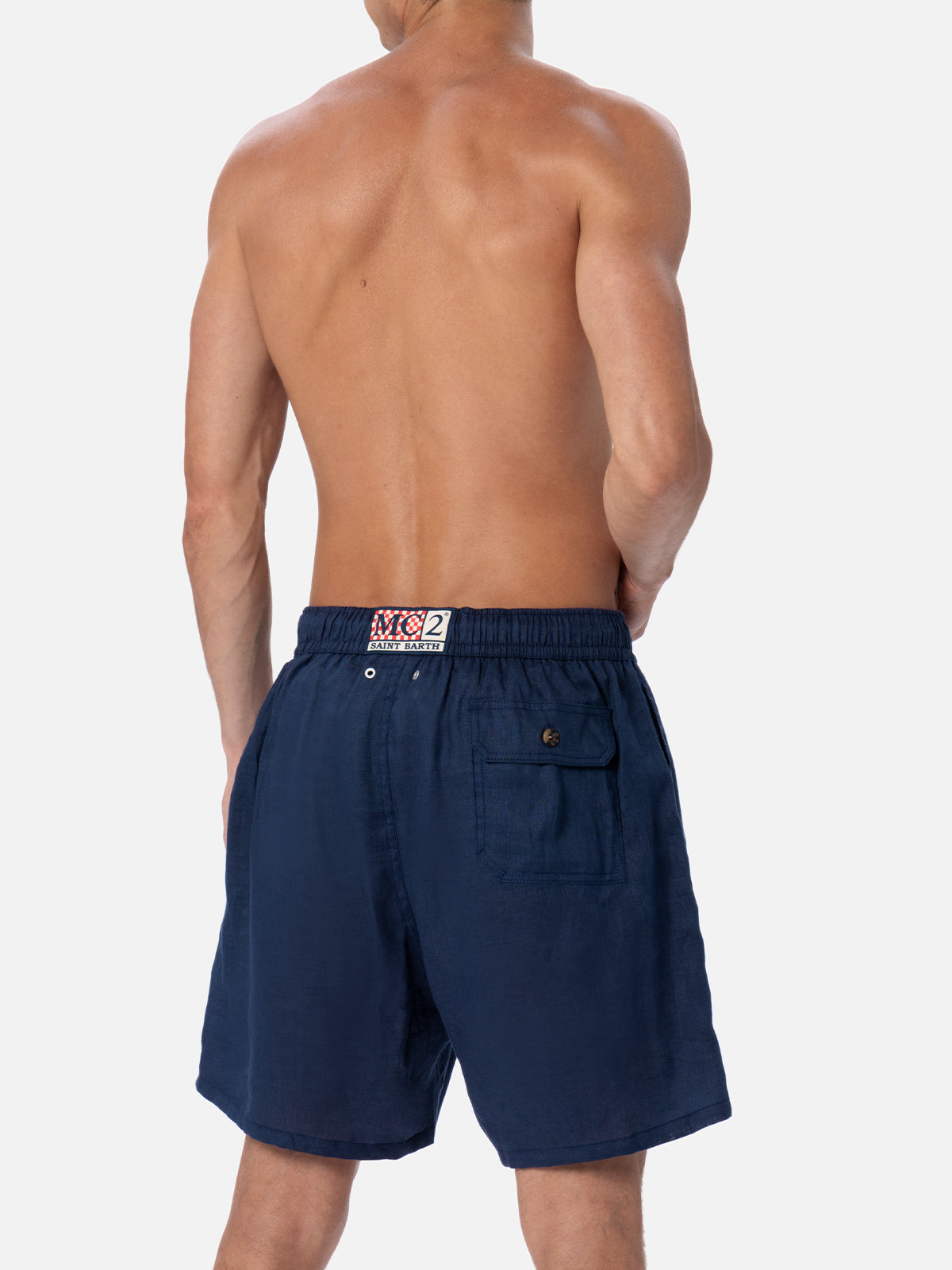 Mid-Length Navy Blue Linen Swim-Shorts Gustavia Swimshort