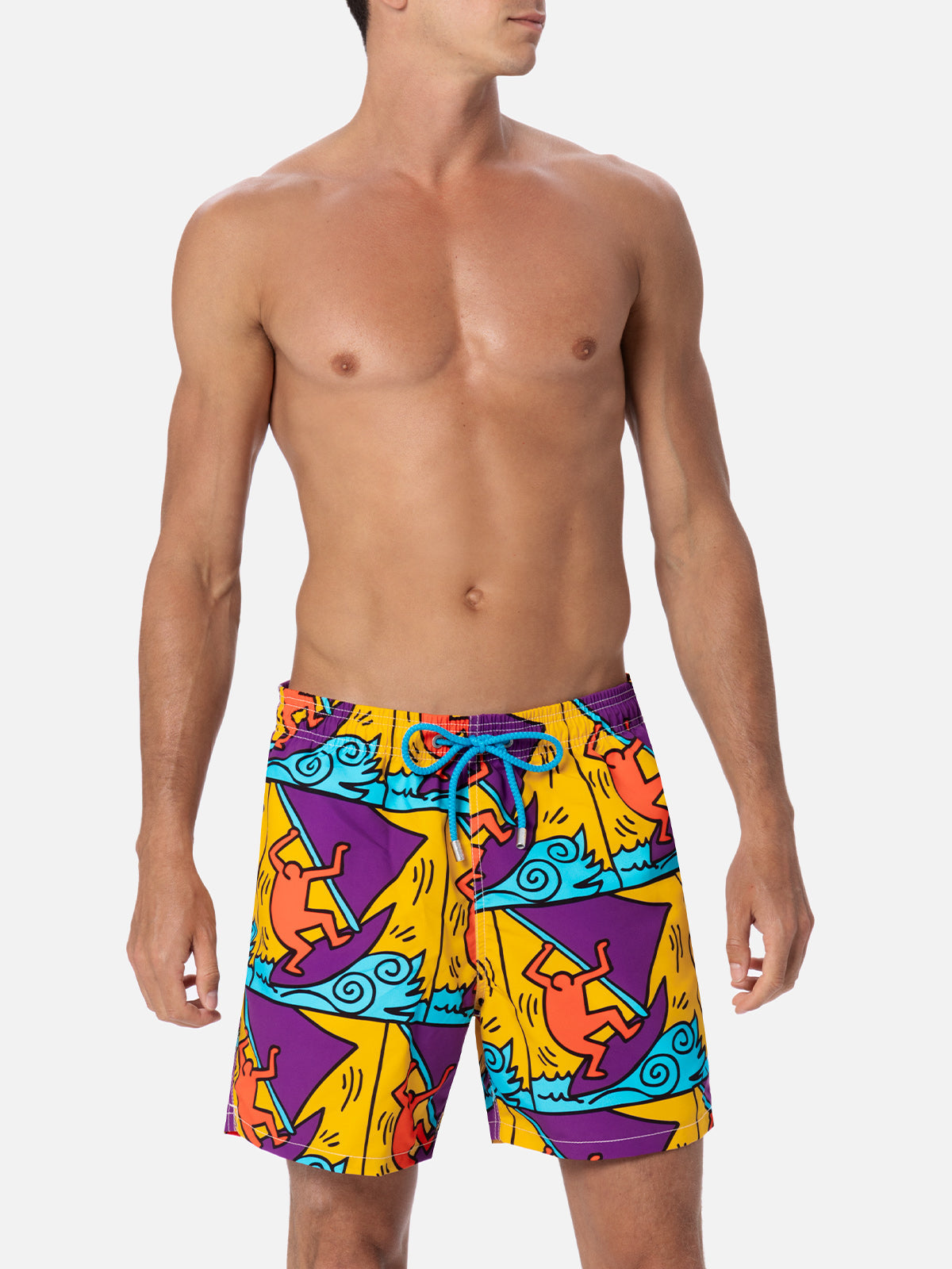 Man Mid-Length Gustavia Swim-Shorts With Keith Haring Design Placed Print| Special Edition Yellow Swimshort