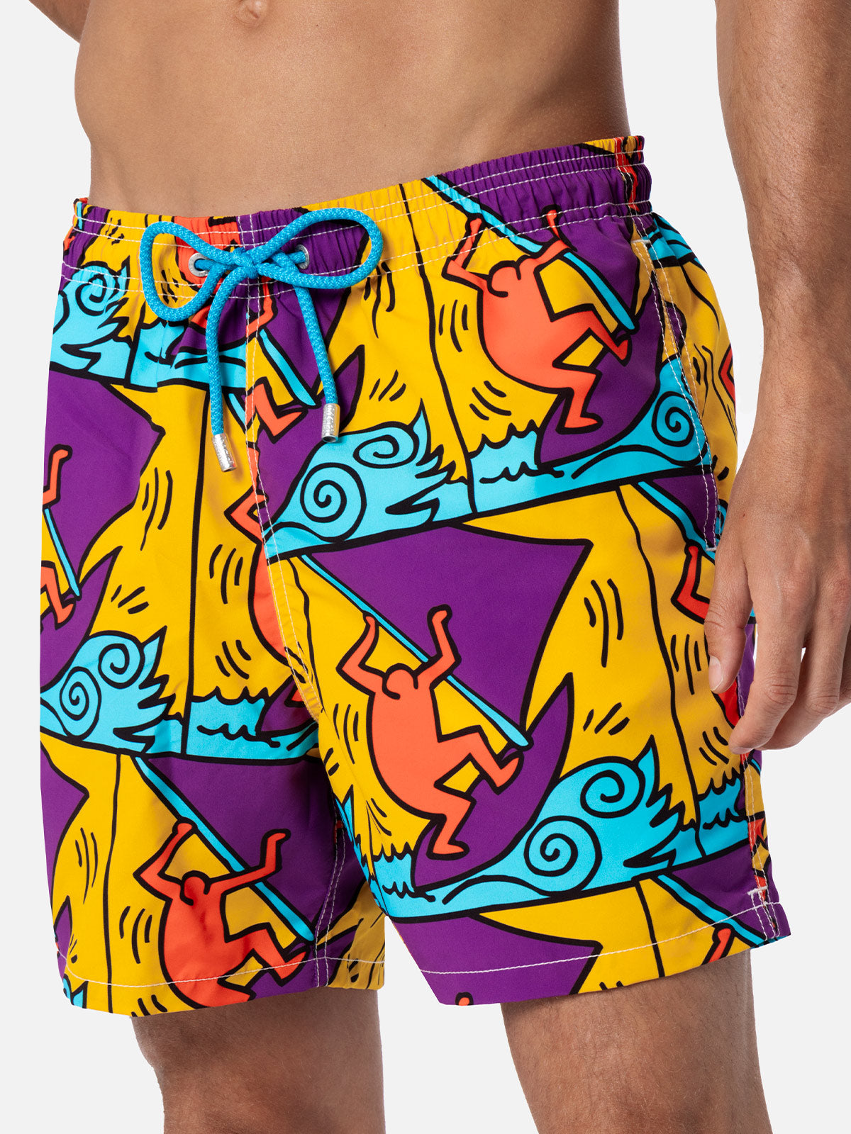 Man Mid-Length Gustavia Swim-Shorts With Keith Haring Design Placed Print| Special Edition Yellow Swimshort