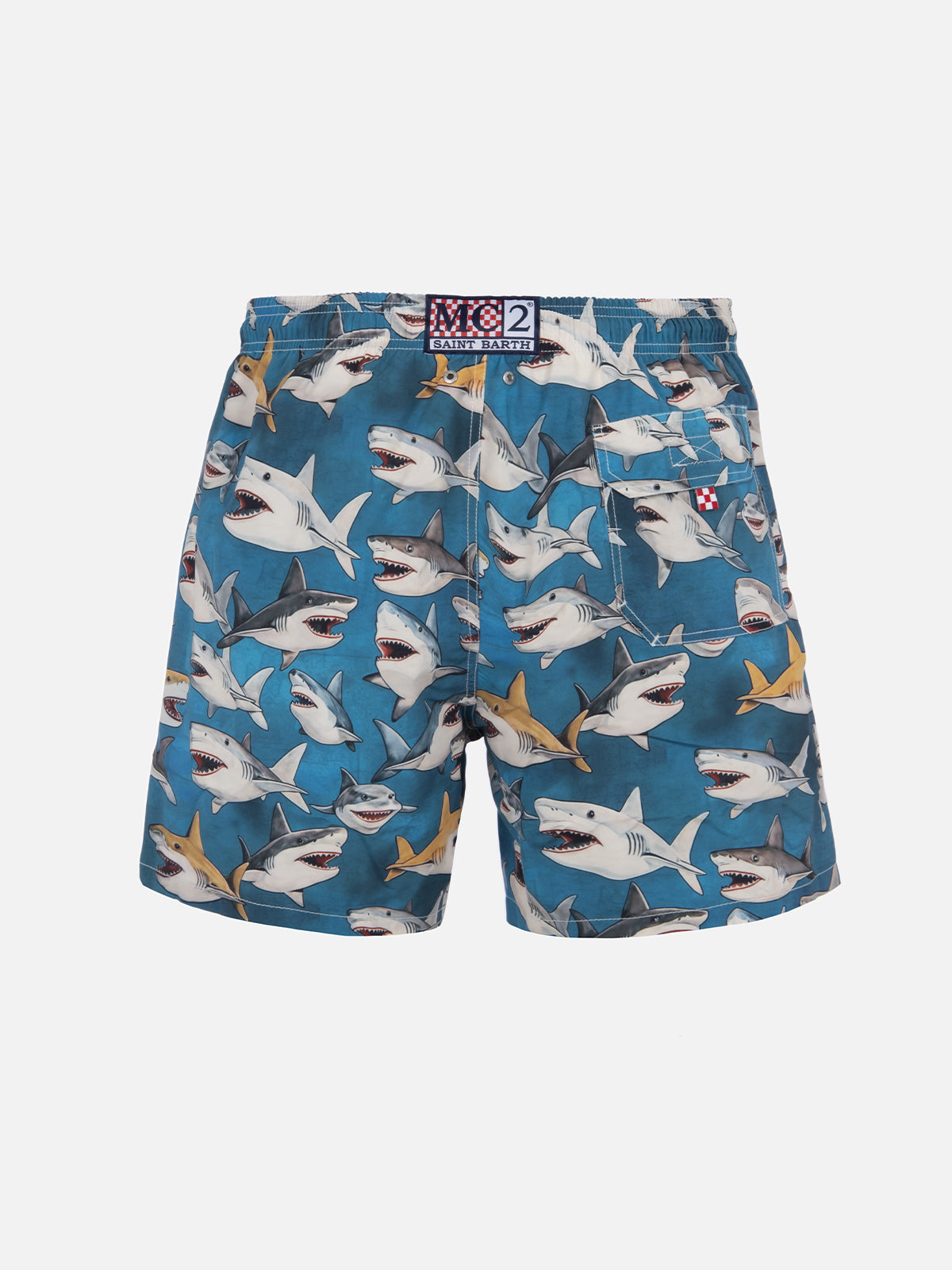 Man Mid-Length Gustavia Swim-Shorts With Shark Print | Ai Co-Created Design By Rickdick - Powered Red-Eye Green Swimshort