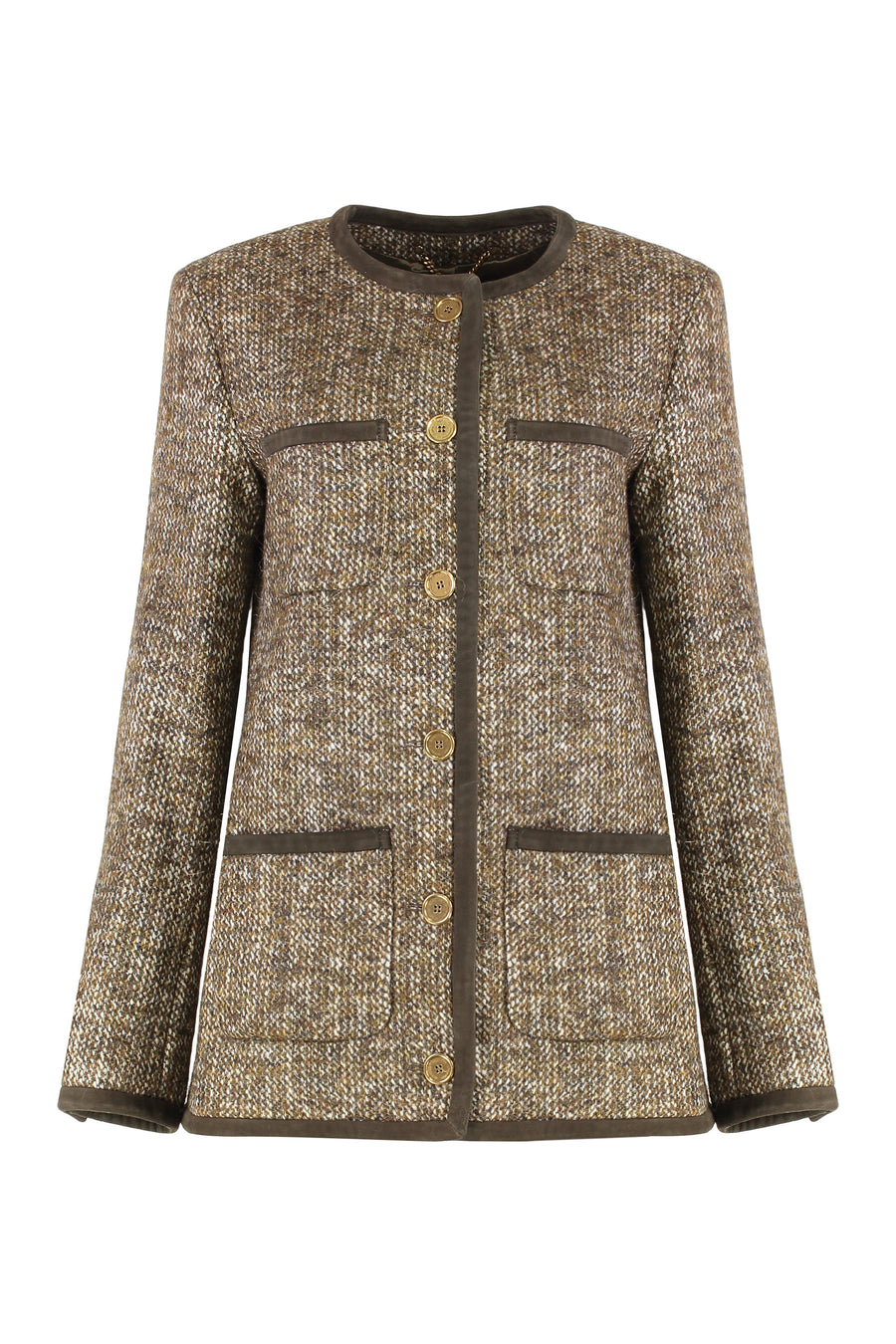 Wool Tweed Jacket Brown Virgin Wool; Ovine Leather