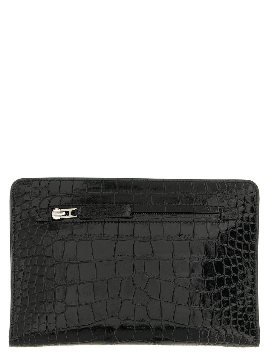 Tom Ford Crocodile-Print Leather Clutch — Black