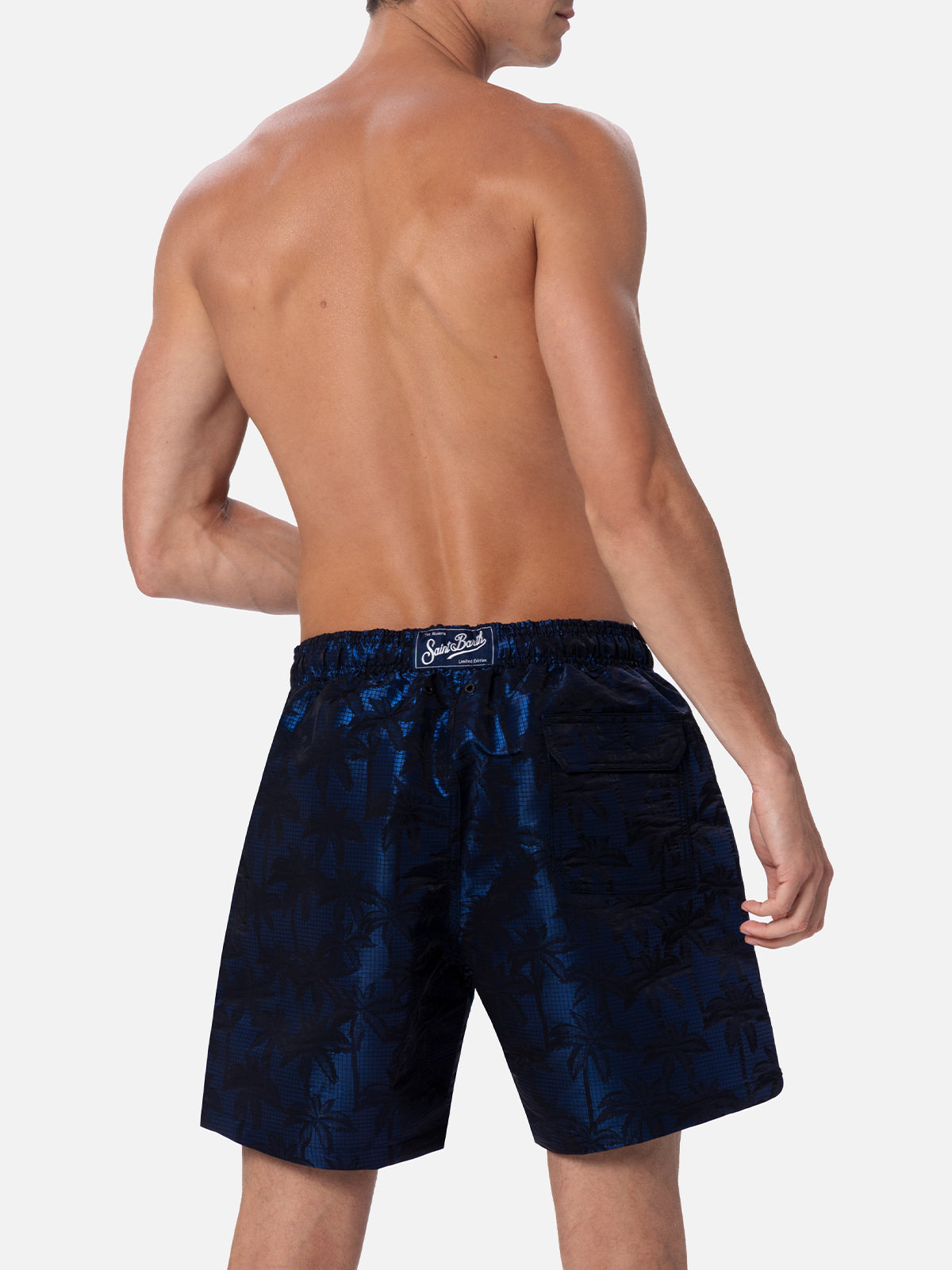 Man Ripstop Fabric Swim Shorts Harbour The Riviera With Palm Jacquard Blue Swimshort