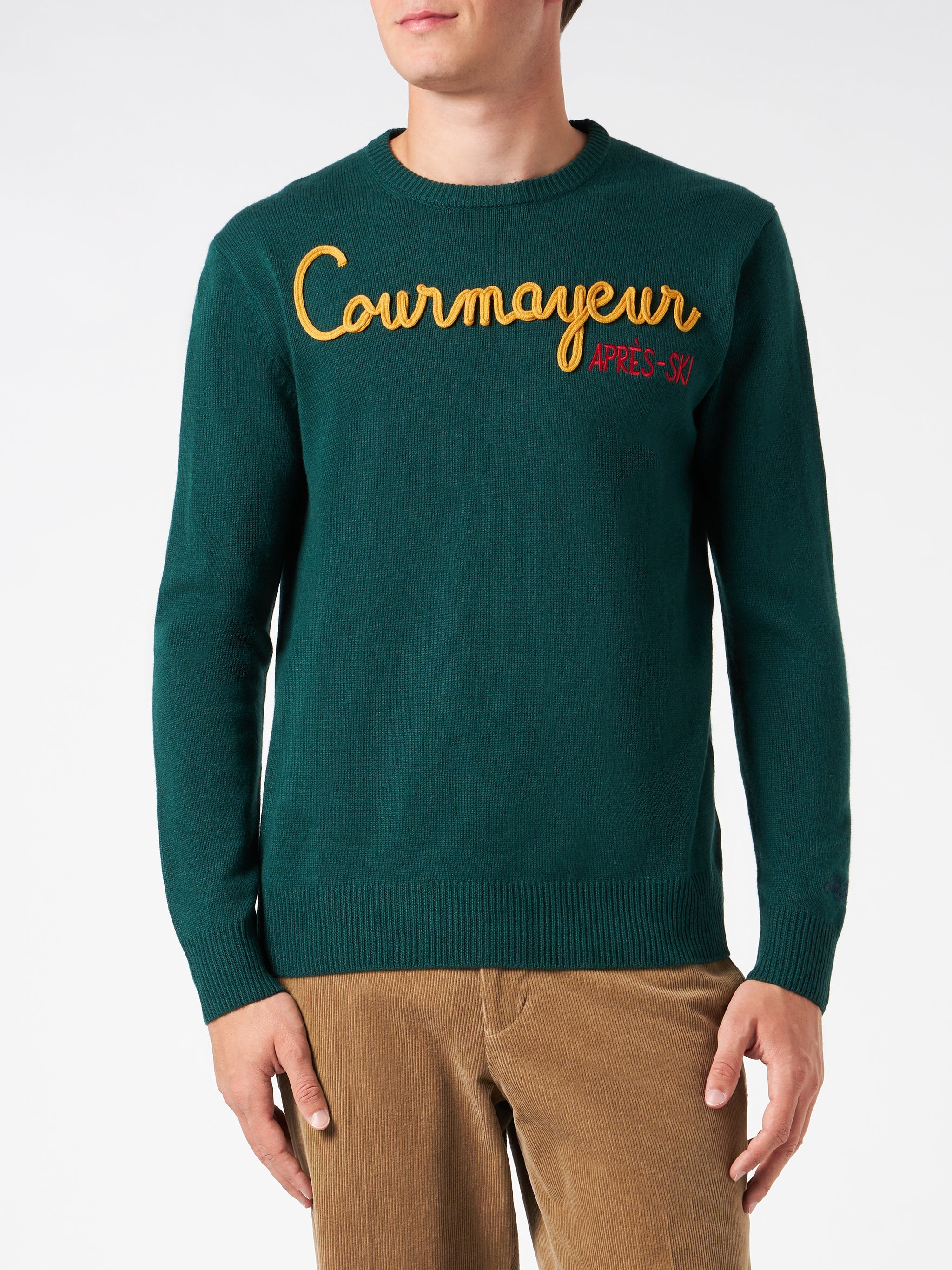 Man Crewneck Sweater With Courmayeur Après Ski Embroidery Green