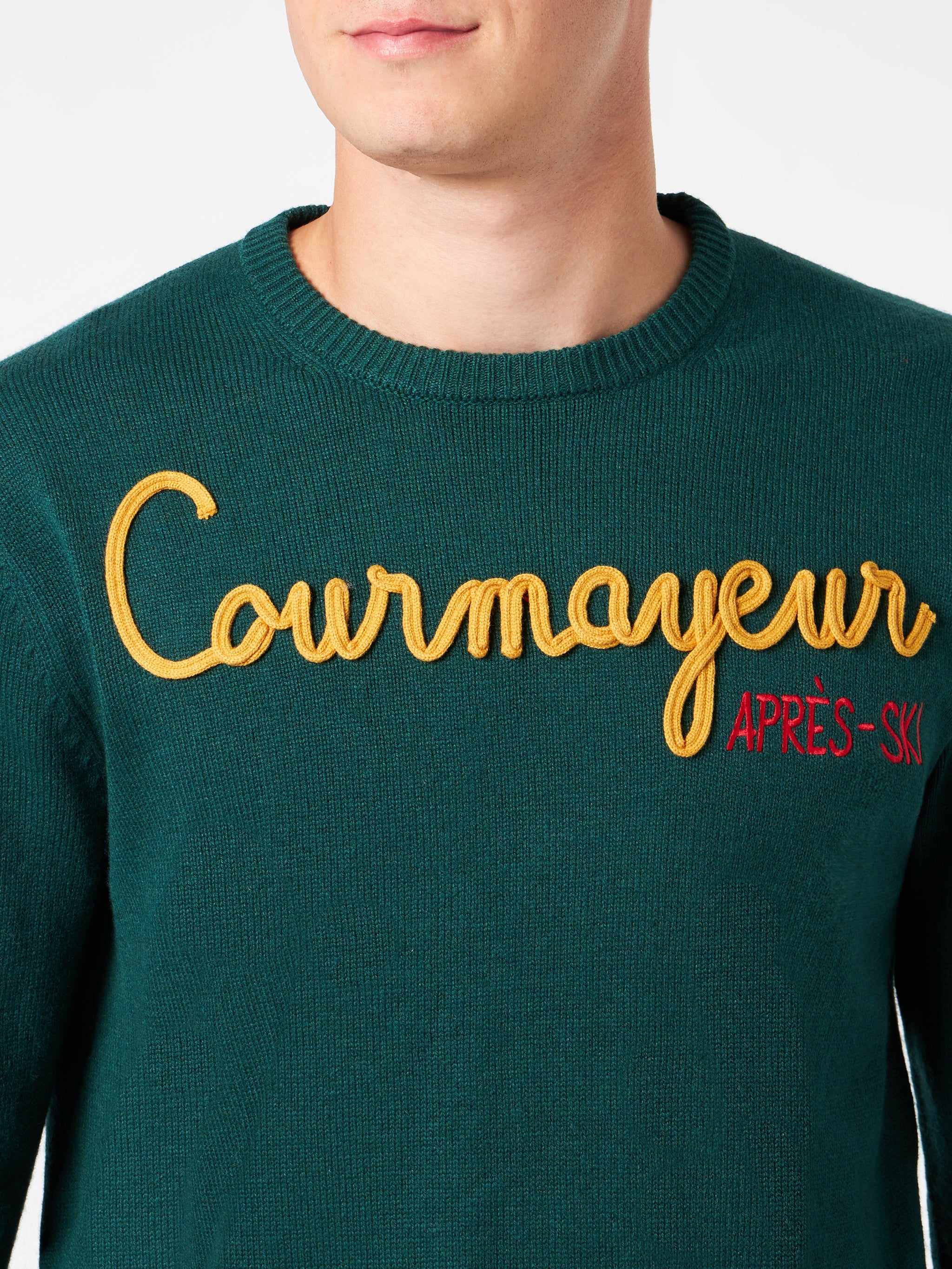 Man Crewneck Sweater With Courmayeur Après Ski Embroidery Green