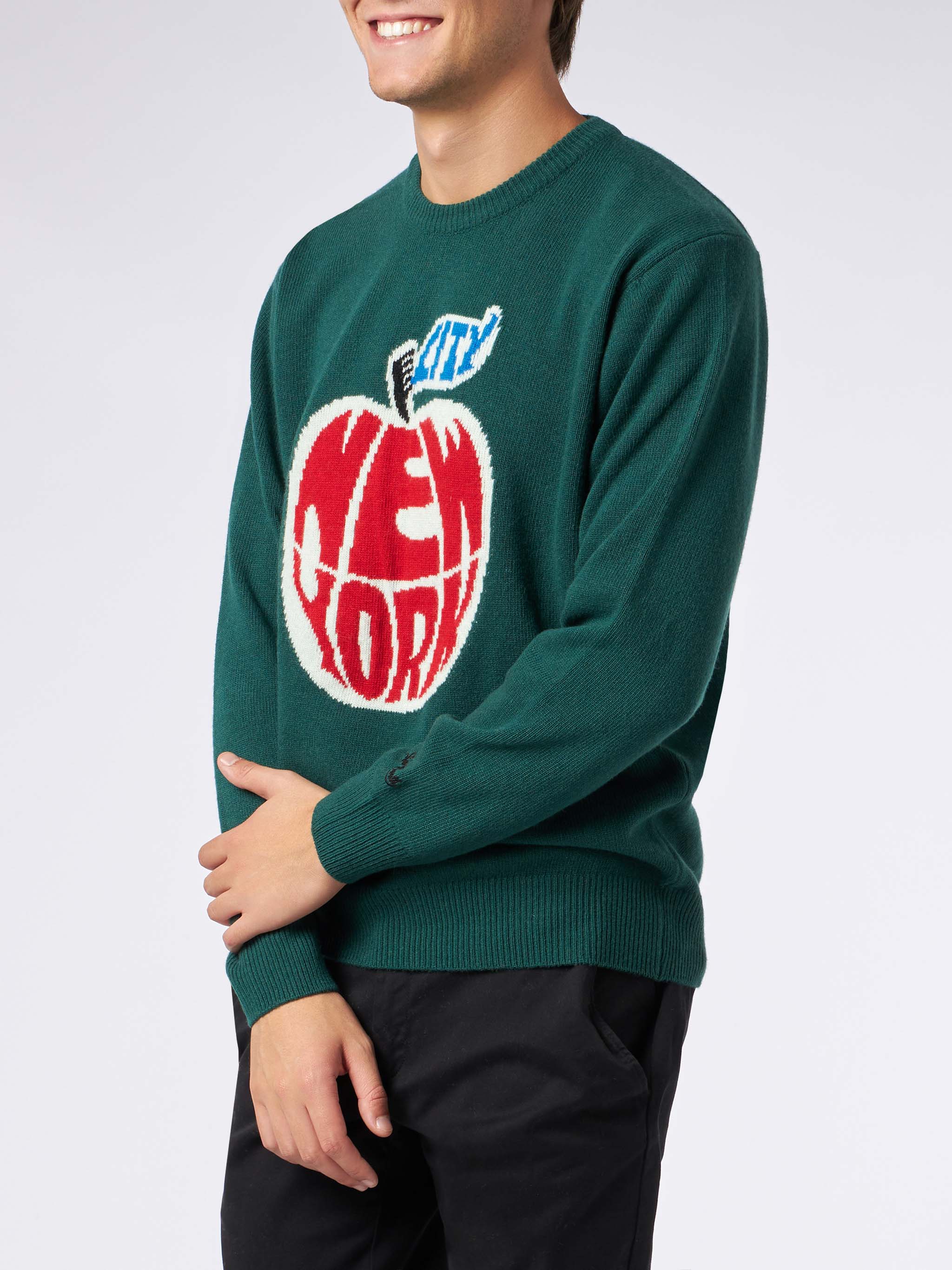 Crewneck Sweater Heron With New York Apple Jacquard Green