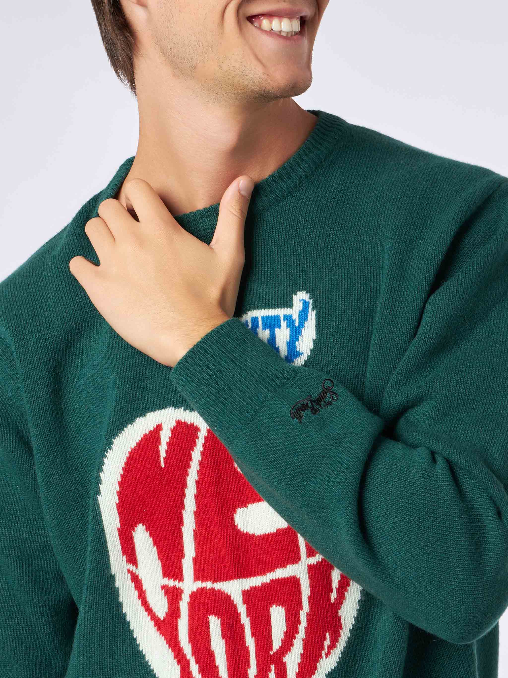 Crewneck Sweater Heron With New York Apple Jacquard Green