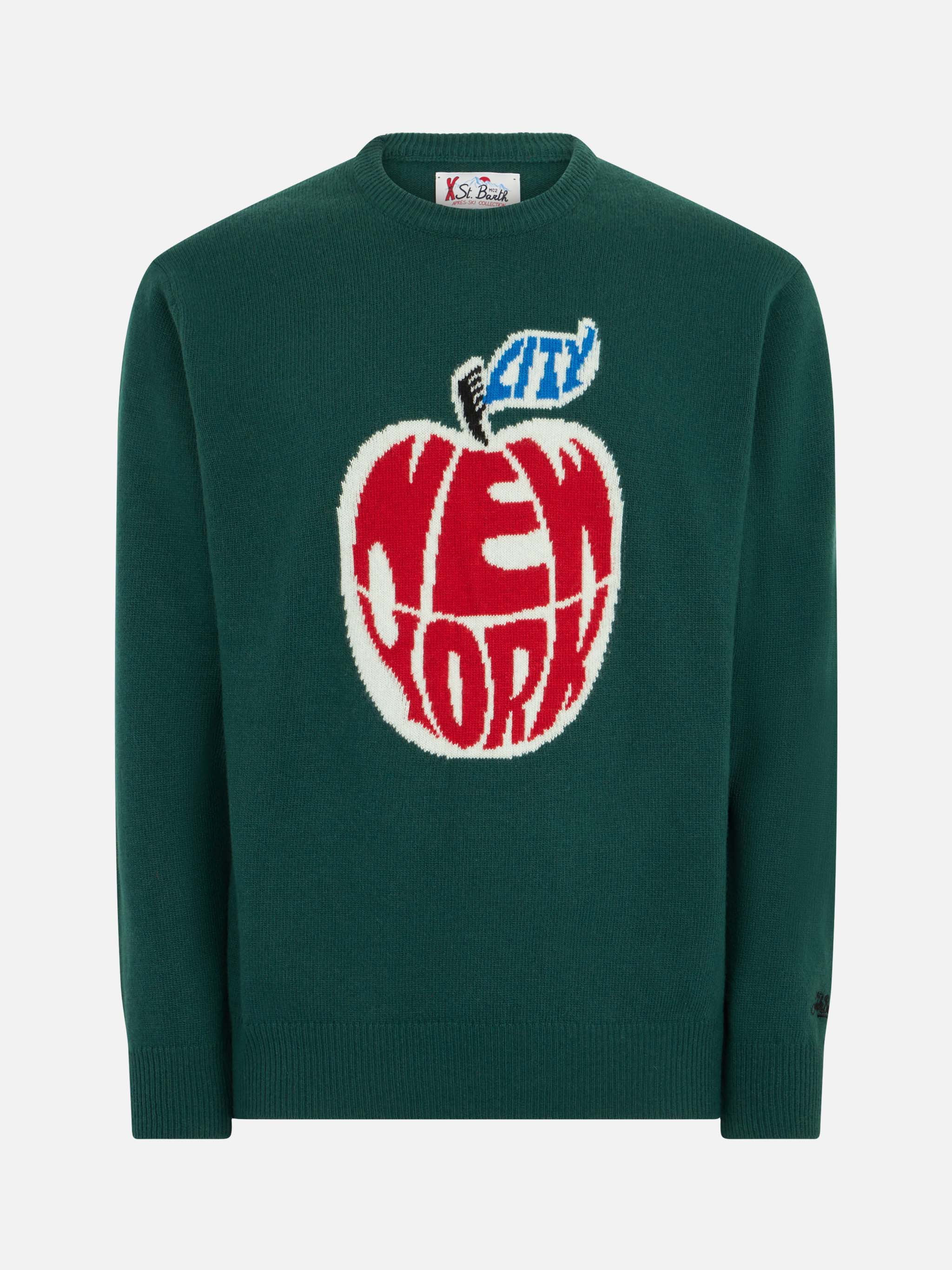 Crewneck Sweater Heron With New York Apple Jacquard Green