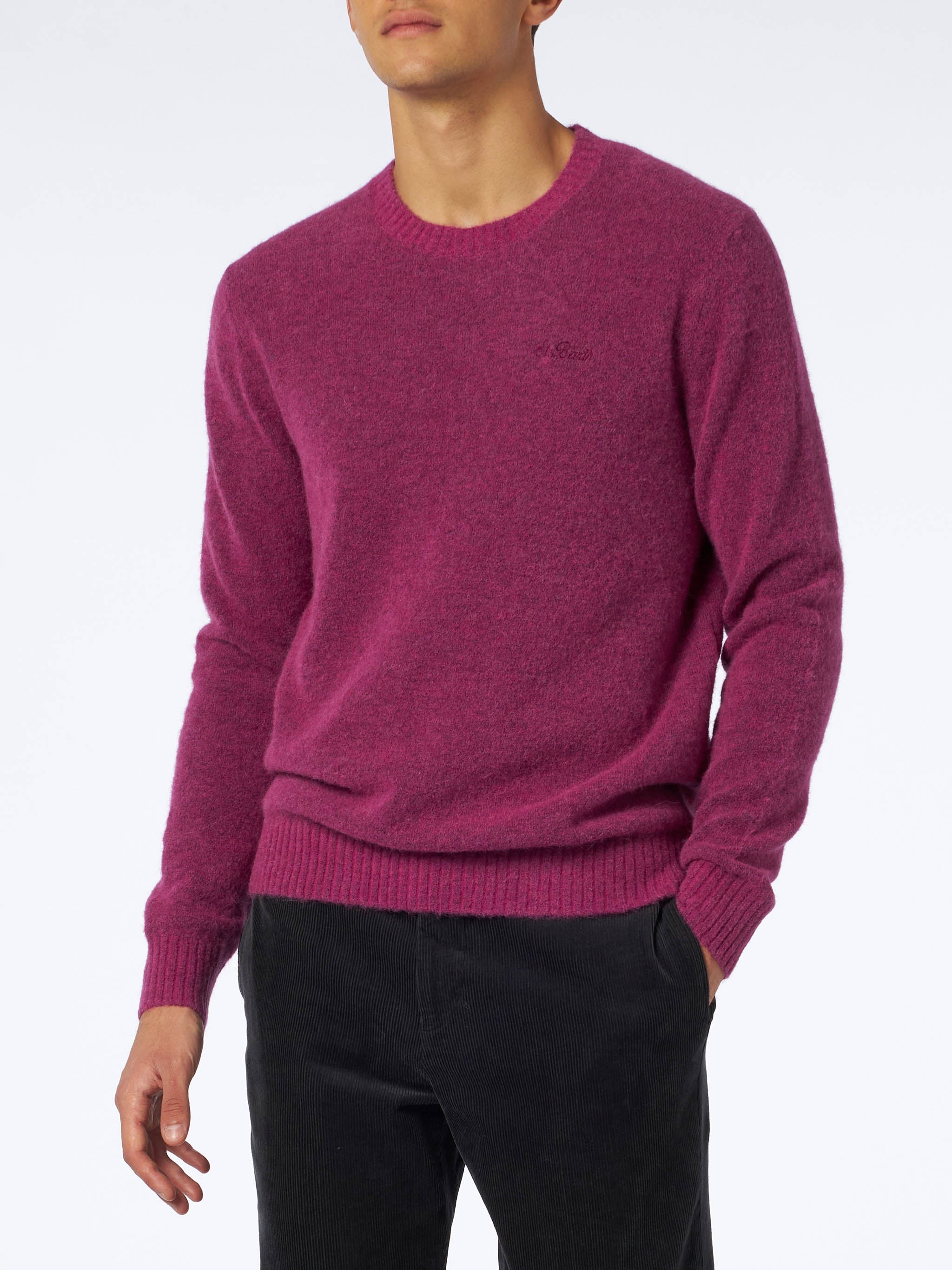 Man Fuchsia Stretch Wool Sweater With St. Barth Embroidery Pink