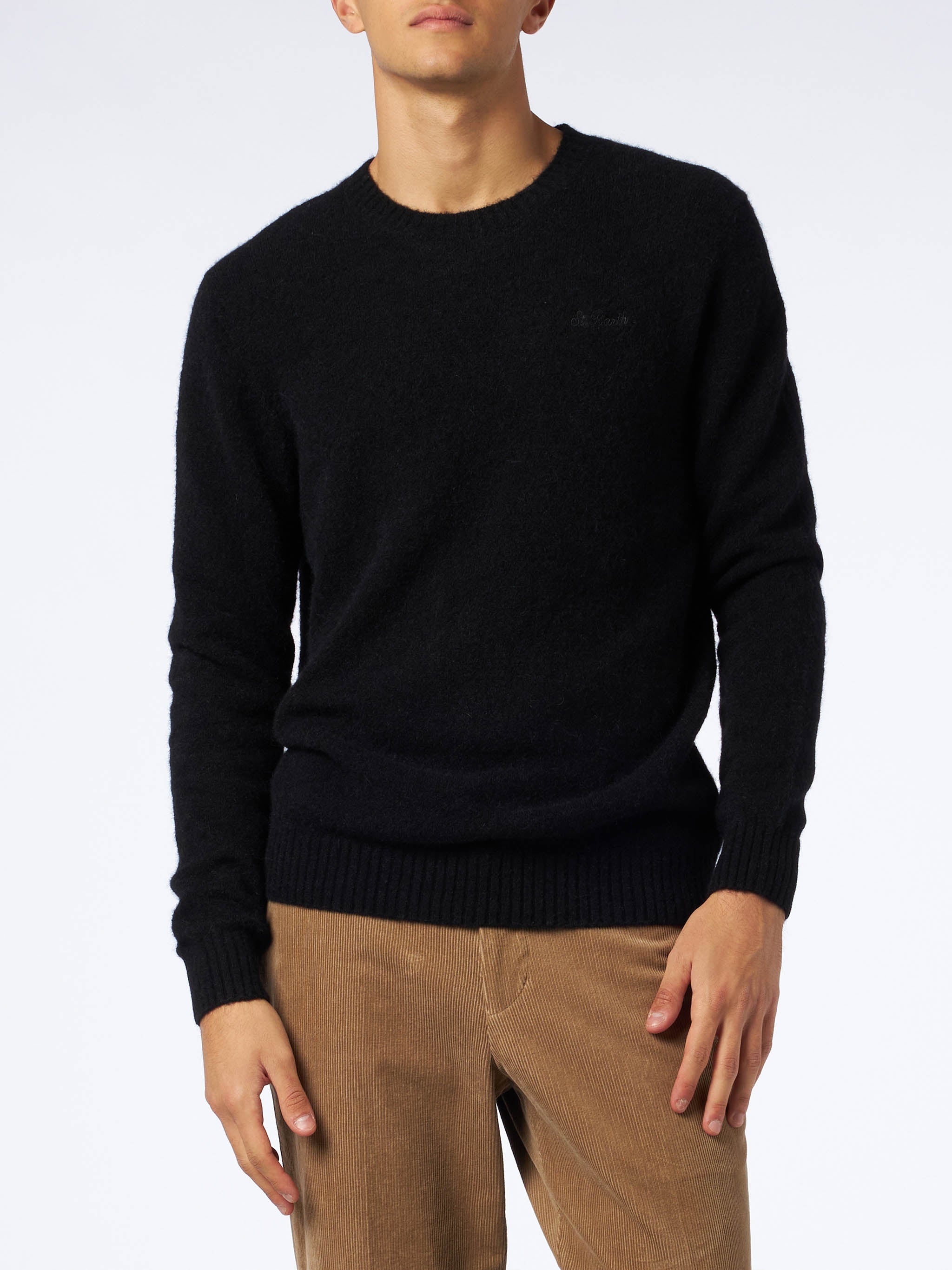 Crewneck Sweater Heron Black Stretch Alpaca With St. Barth Embroidery