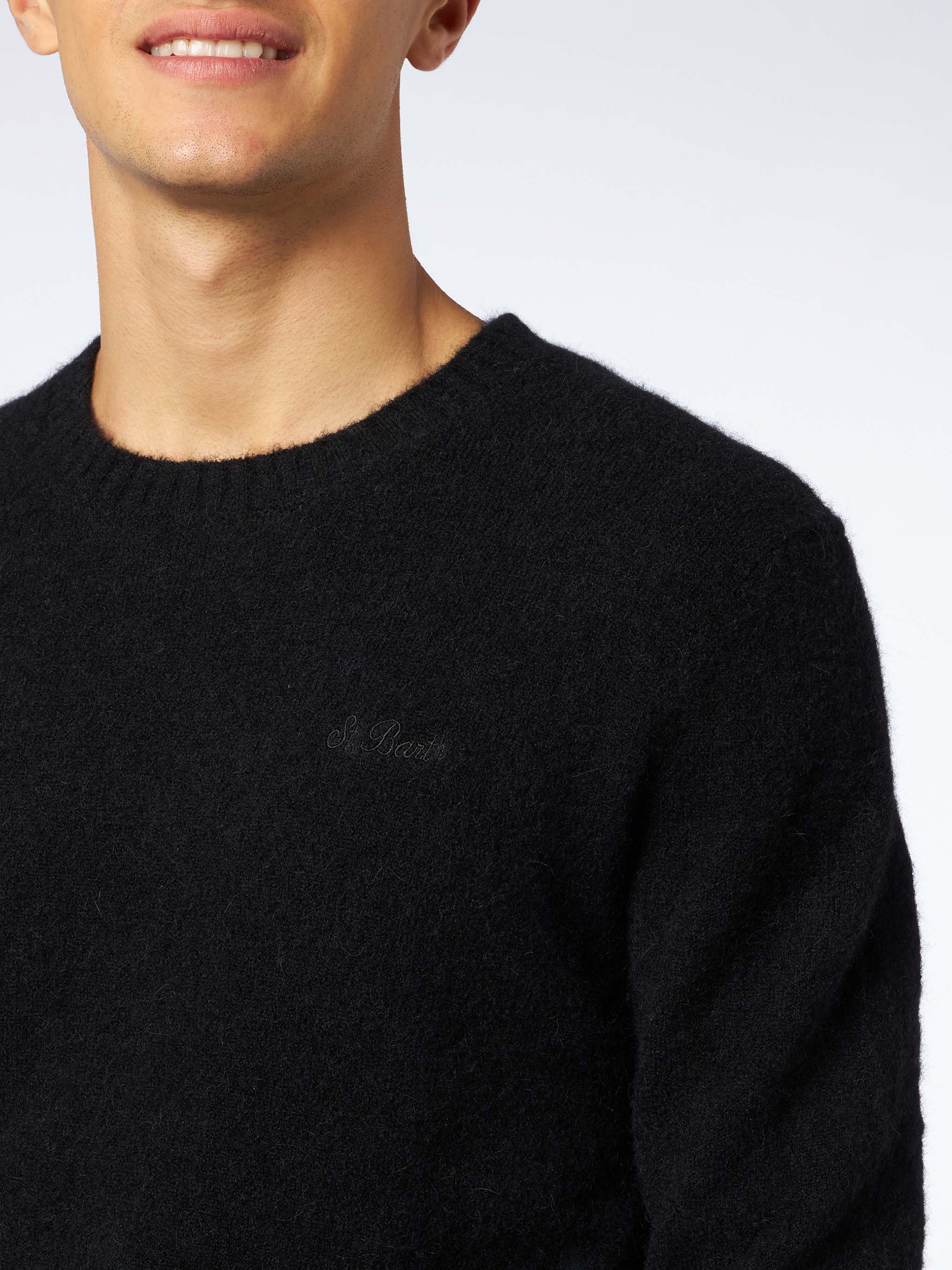Crewneck Sweater Heron Black Stretch Alpaca With St. Barth Embroidery
